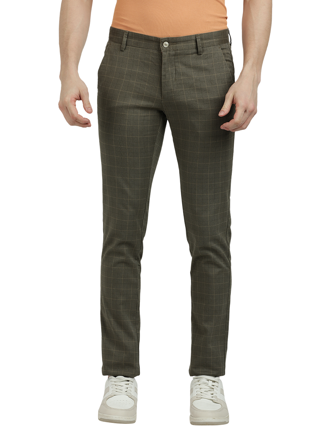 Model wearing Clarke Gable's Light Olive Trim Fit Trousers in a casual setting