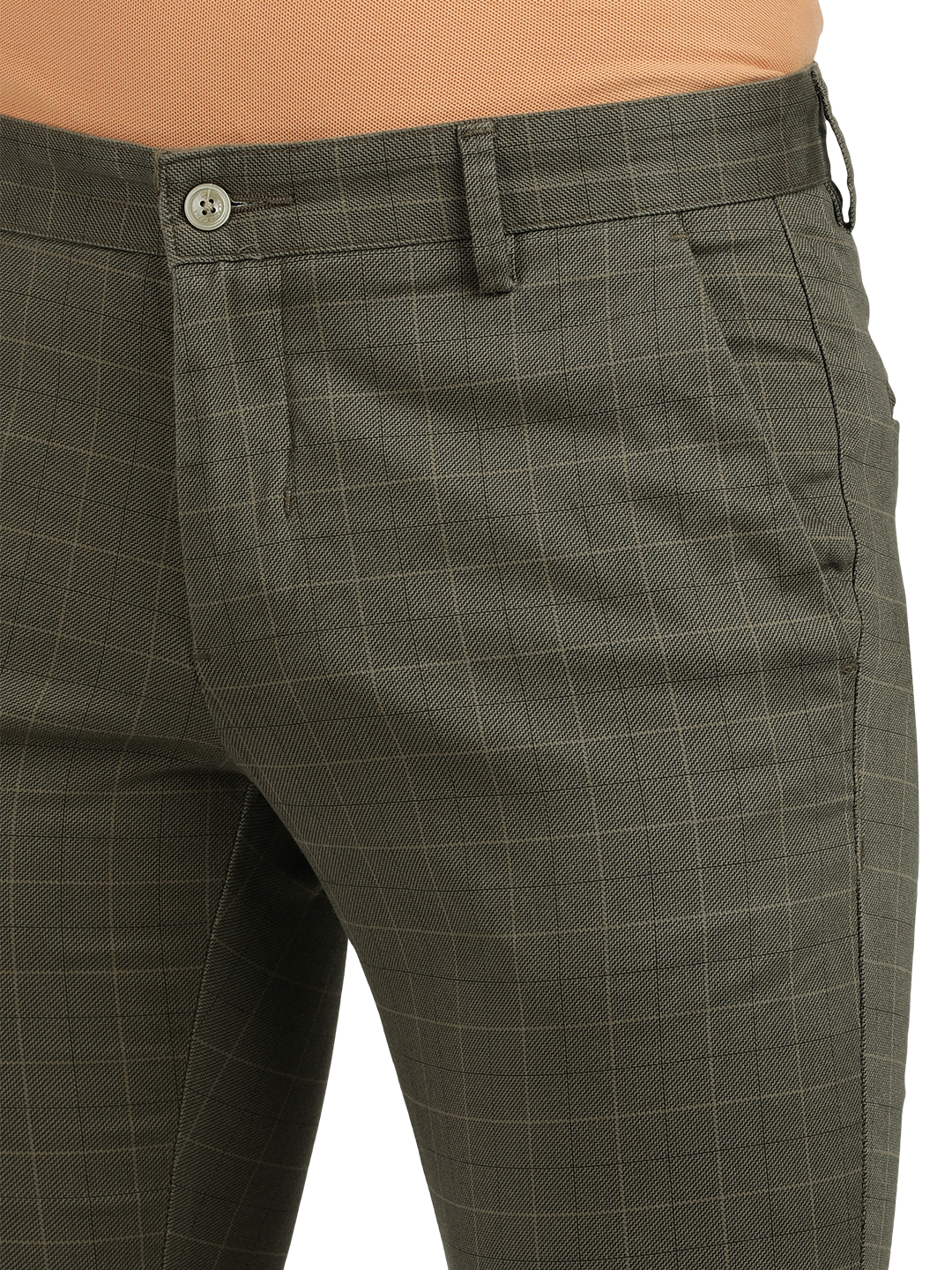 Model wearing Clarke Gable's Light Olive Trim Fit Trousers in a casual setting