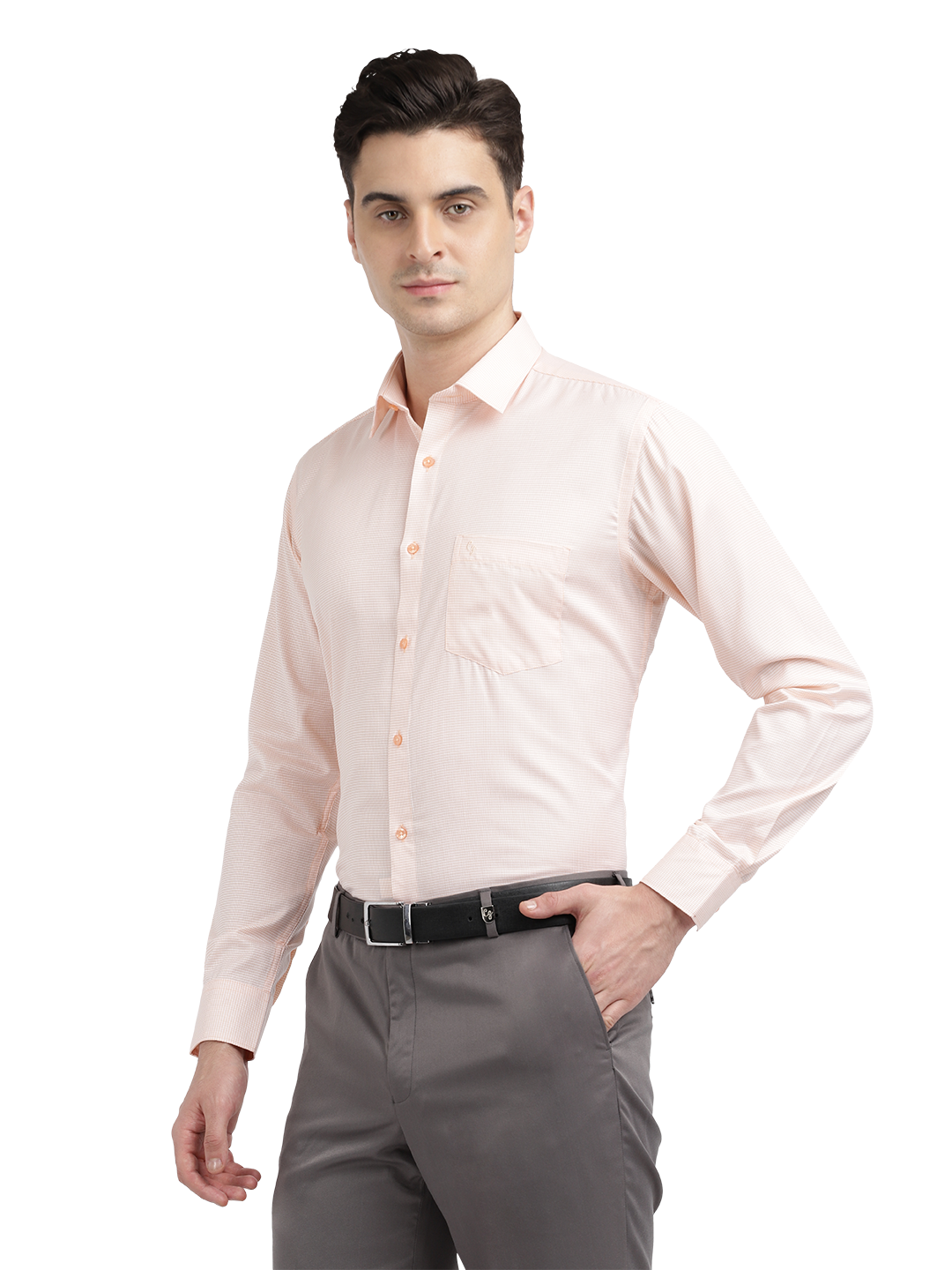 Model wearing Clarke Gable's Light Orange Checked Formal Shirt in a casual setting