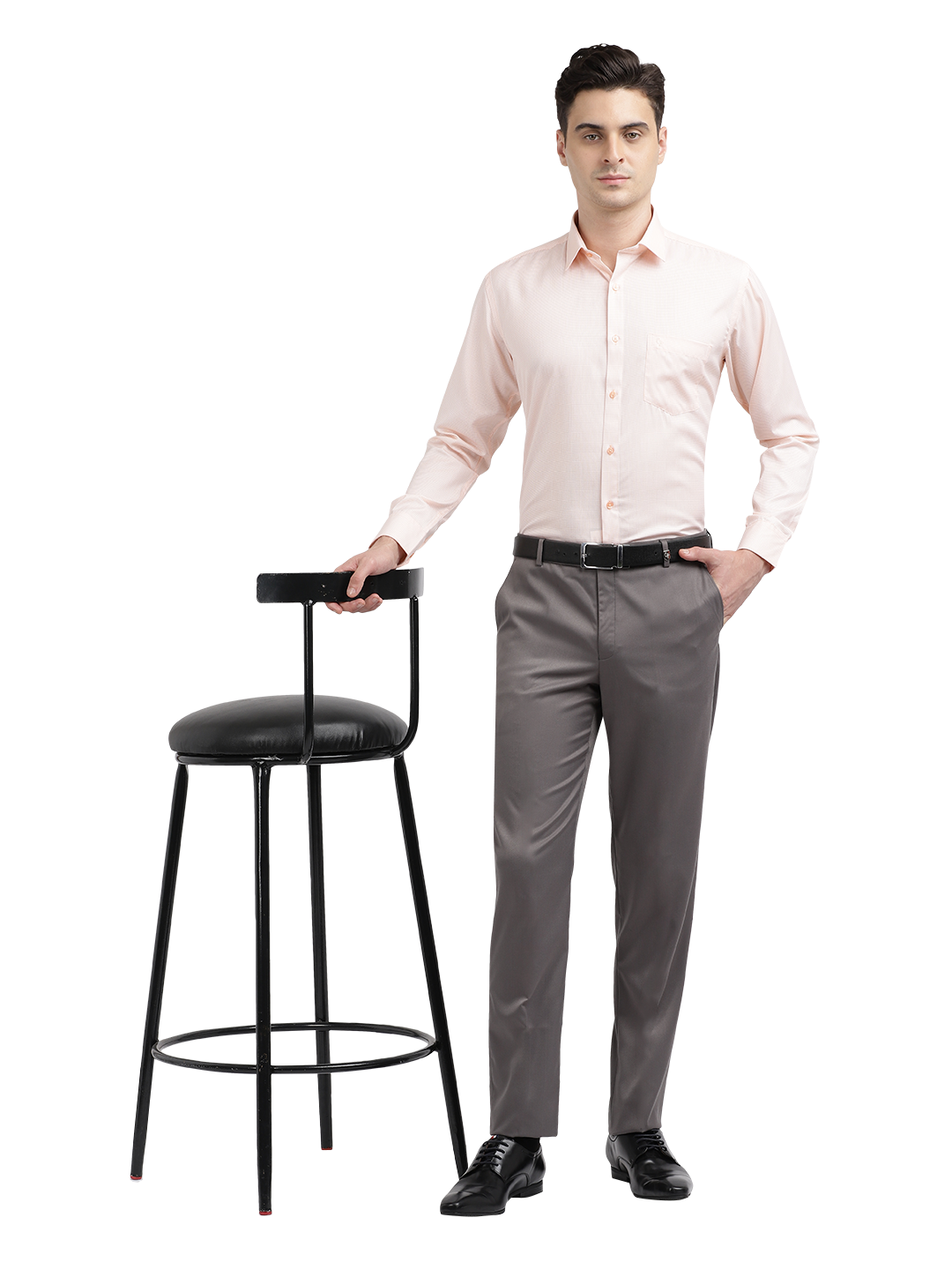 Model wearing Clarke Gable's Light Orange Checked Formal Shirt in a casual setting