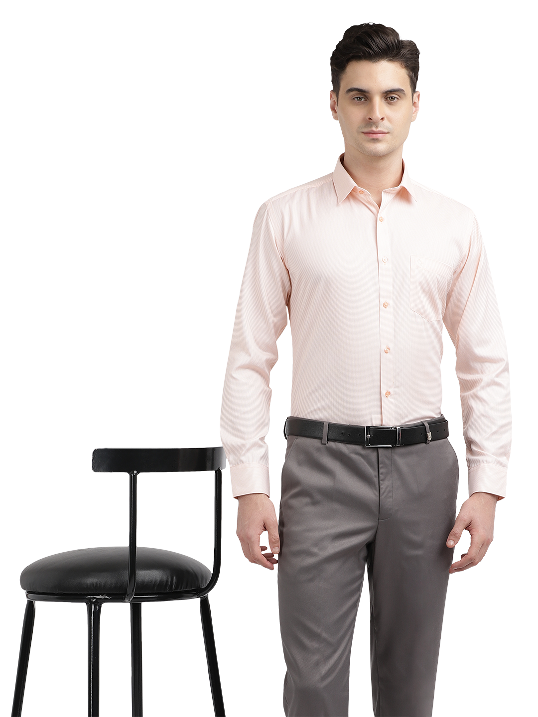 Model wearing Clarke Gable's Light Orange Checked Formal Shirt in a casual setting