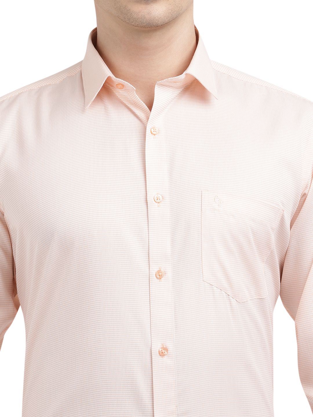 Model wearing Clarke Gable's Light Orange Checked Formal Shirt in a casual setting