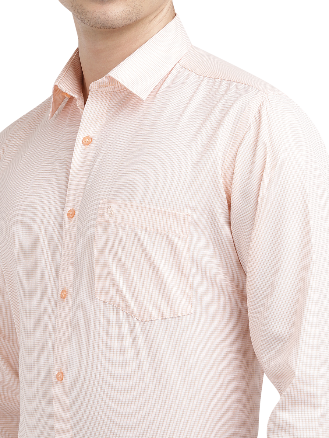 Model wearing Clarke Gable's Light Orange Checked Formal Shirt in a casual setting