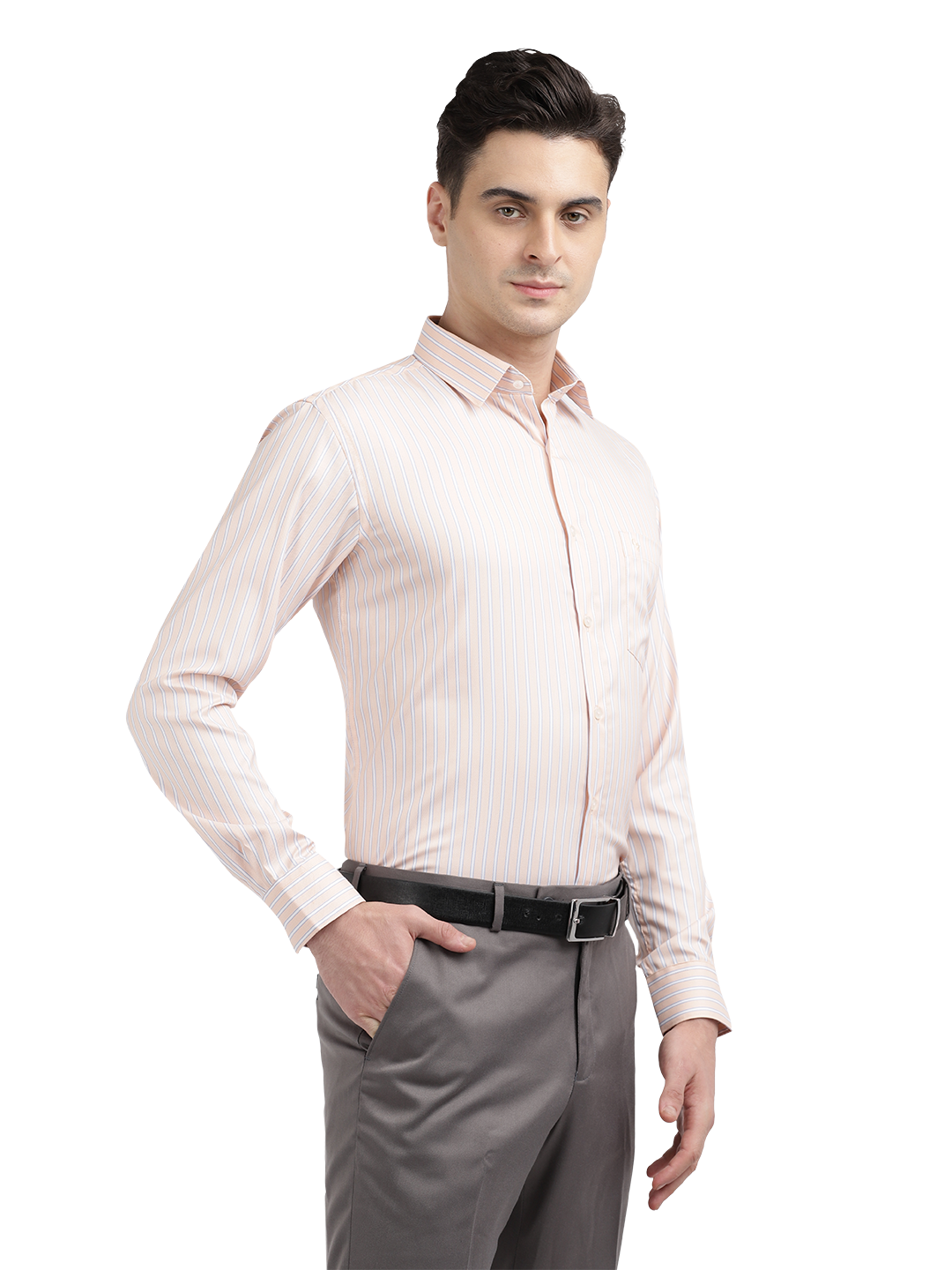Model wearing Clarke Gable's Light Orange Striped Formal Shirt in a casual setting