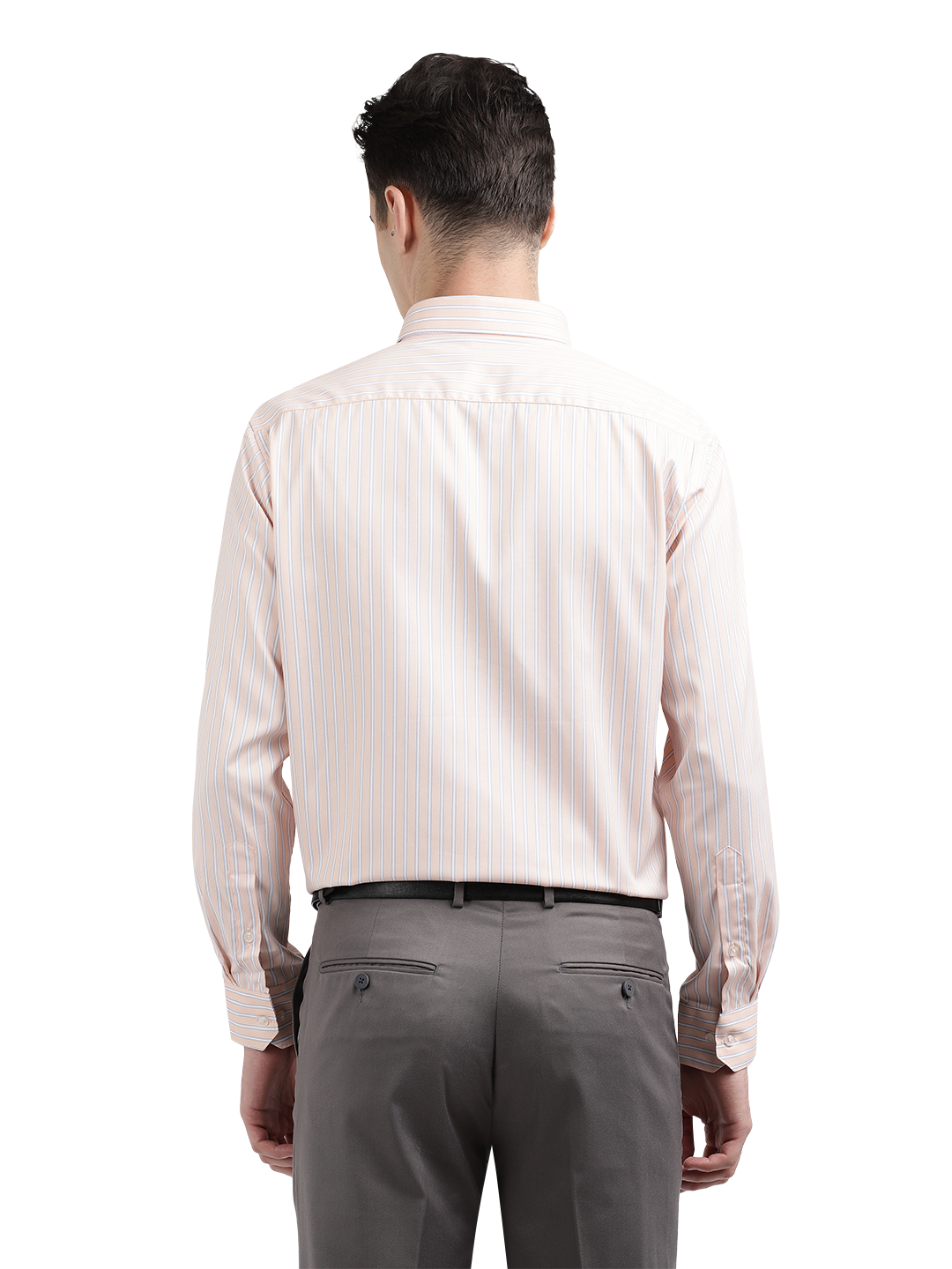 Model wearing Clarke Gable's Light Orange Striped Formal Shirt in a casual setting