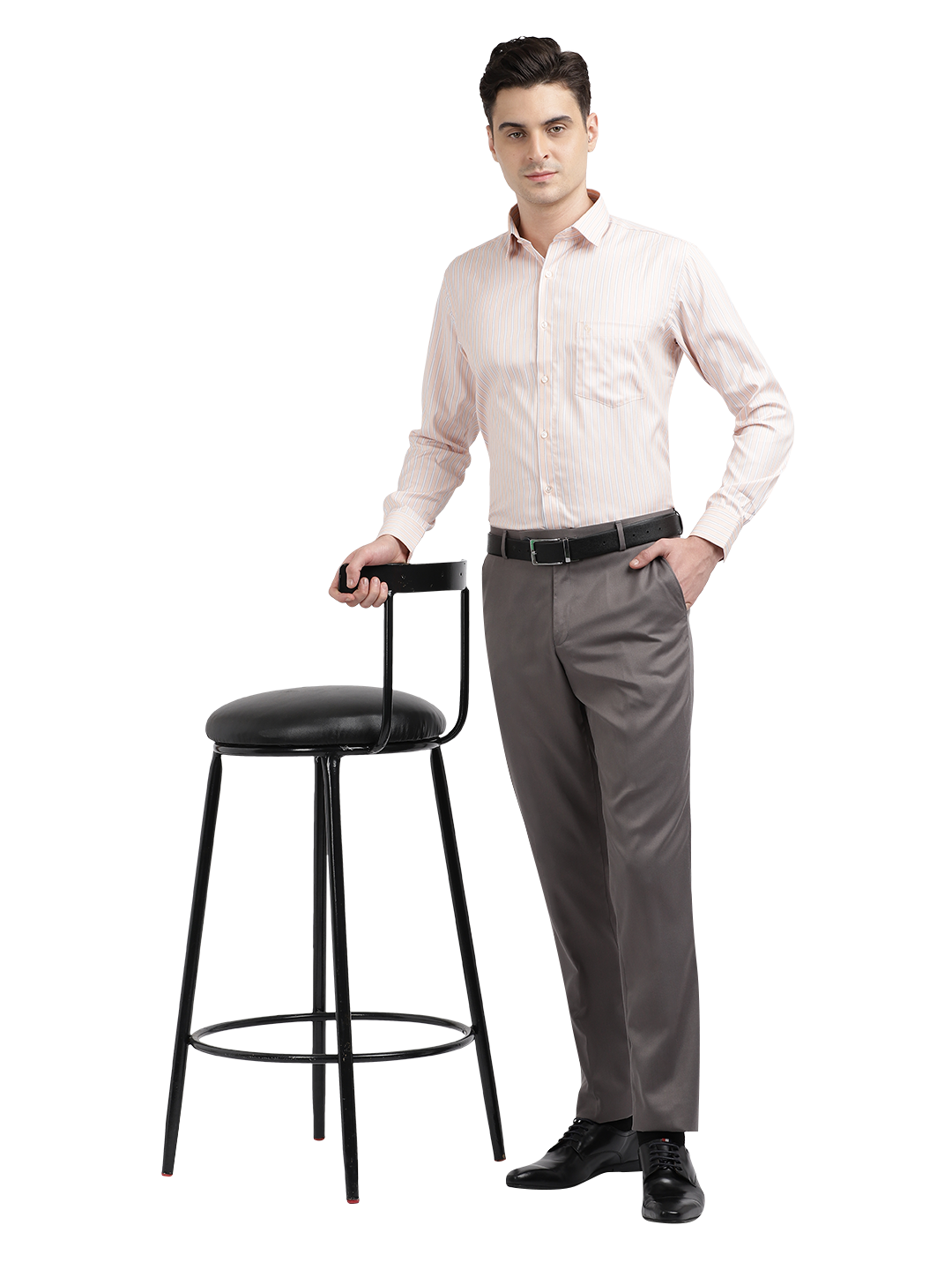 Model wearing Clarke Gable's Light Orange Striped Formal Shirt in a casual setting