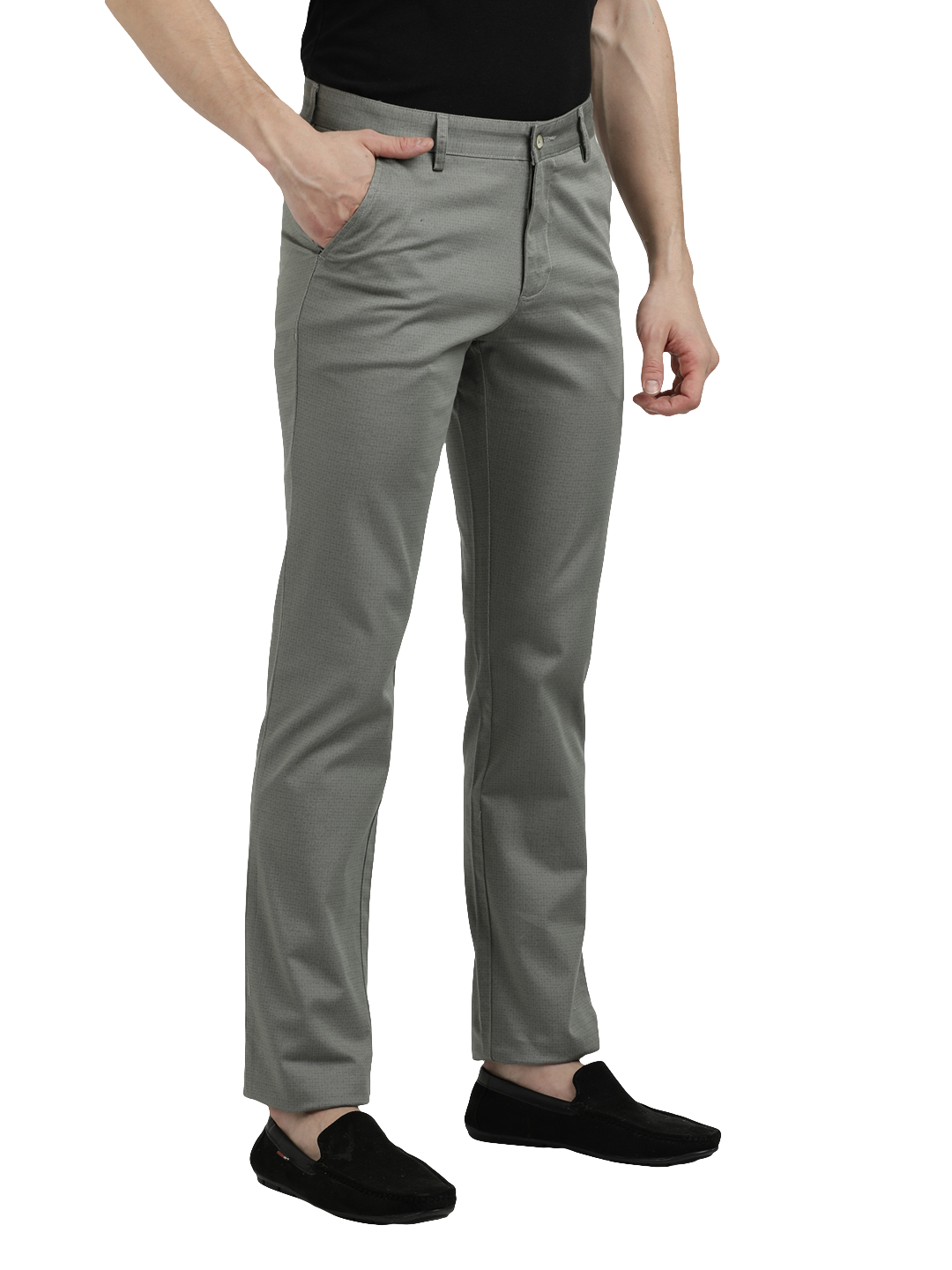 Model wearing Clarke Gable's Light Pista Custom Fit Trousers in a casual setting
