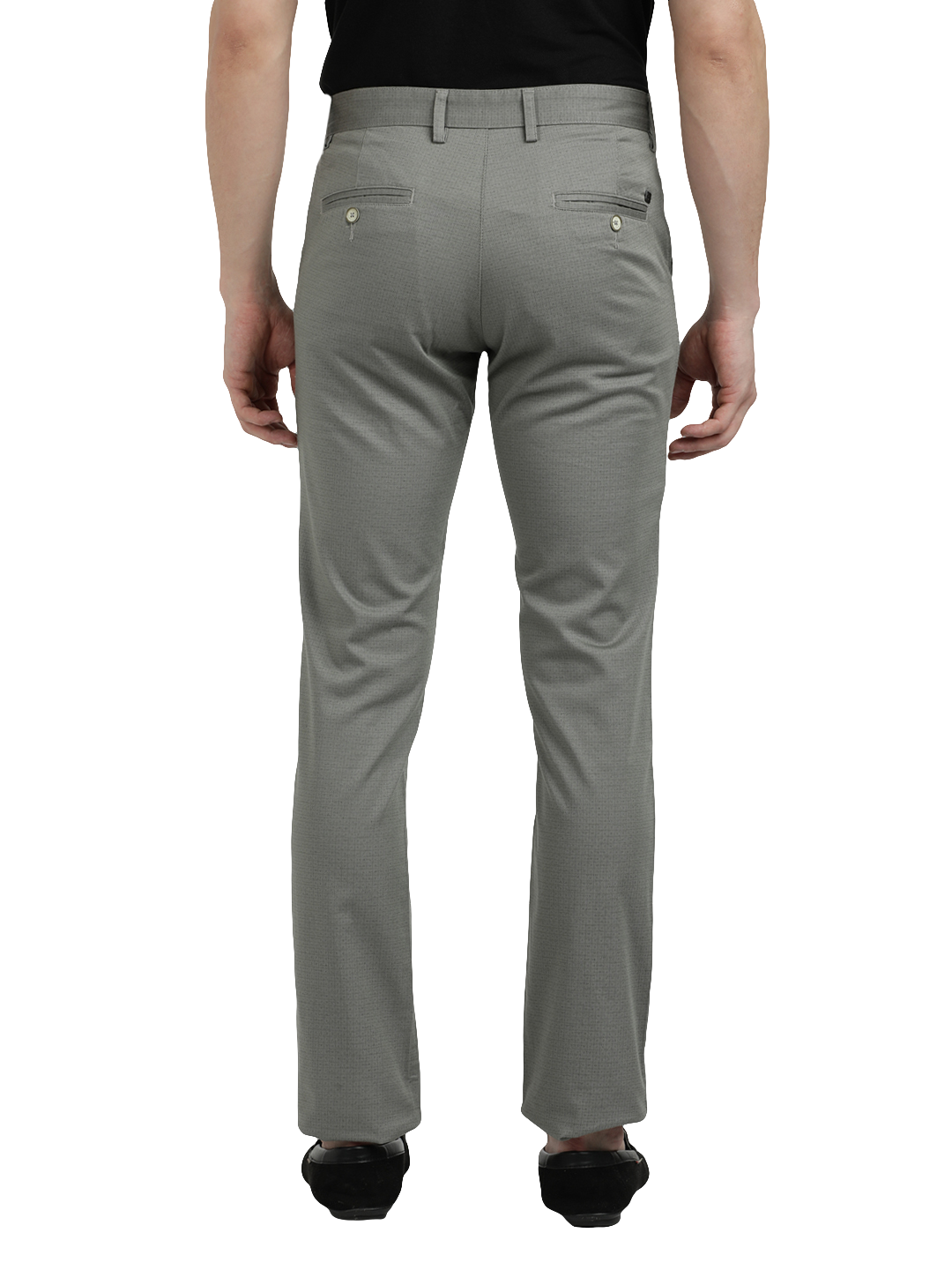 Model wearing Clarke Gable's Light Pista Custom Fit Trousers in a casual setting