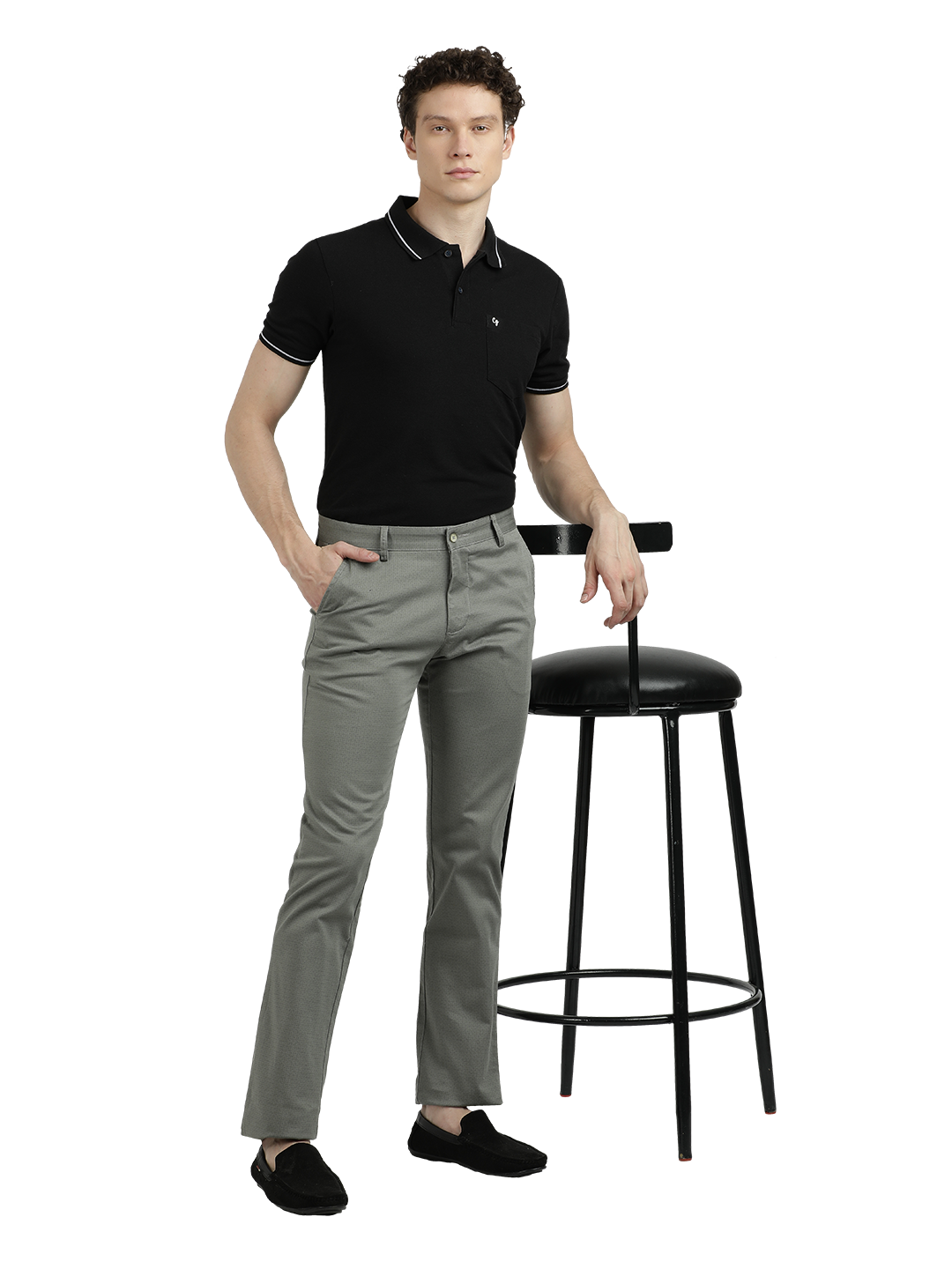 Model wearing Clarke Gable's Light Pista Custom Fit Trousers in a casual setting