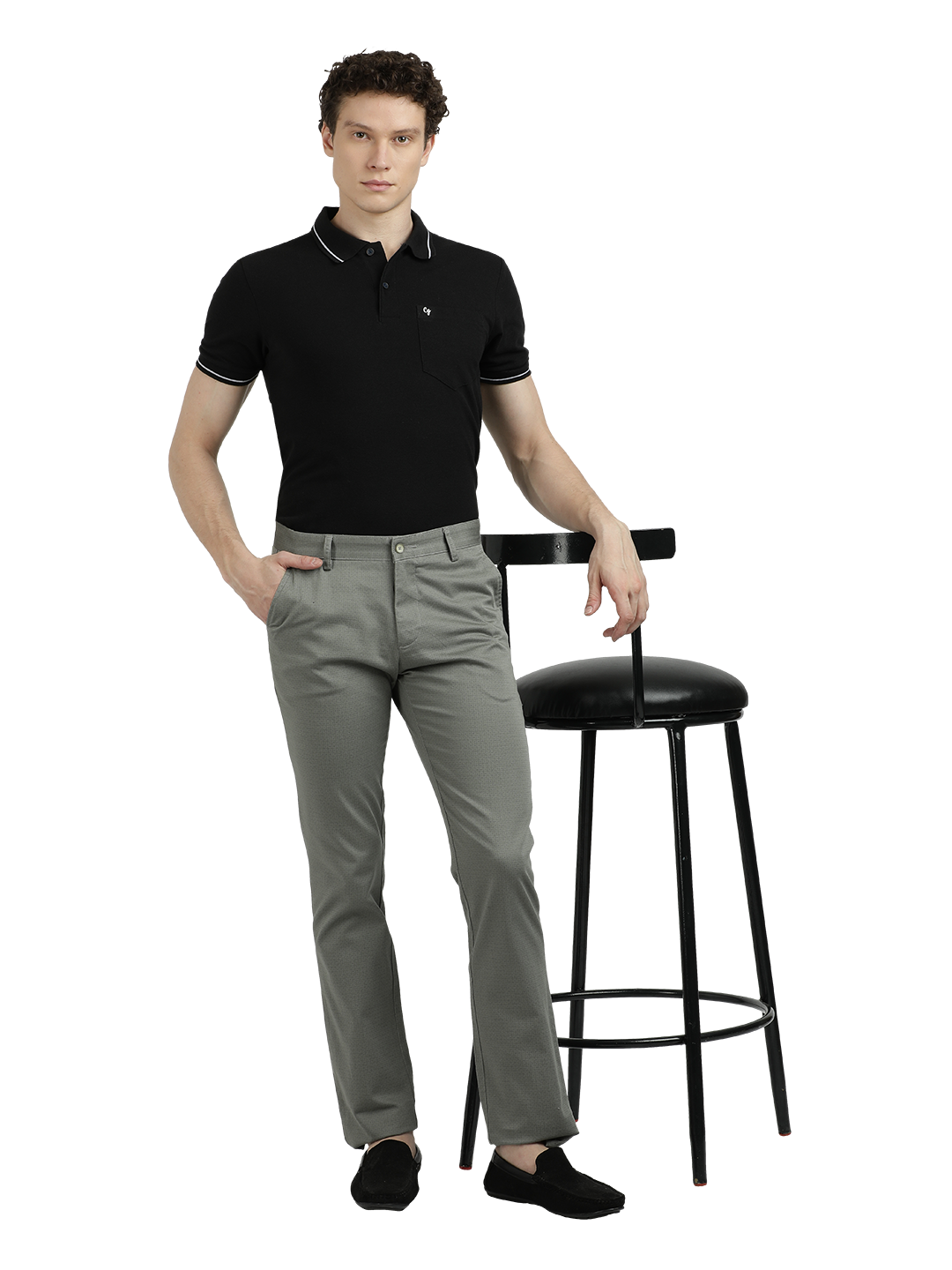 Model wearing Clarke Gable's Light Pista Custom Fit Trousers in a casual setting