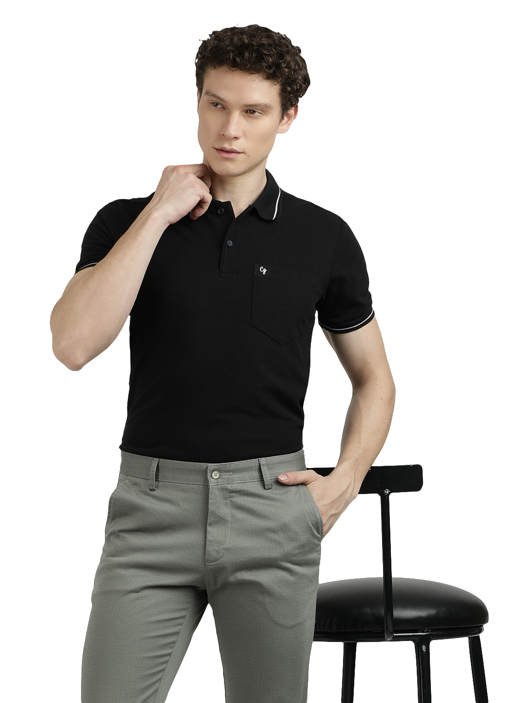 Model wearing Clarke Gable's Light Pista Custom Fit Trousers in a casual setting