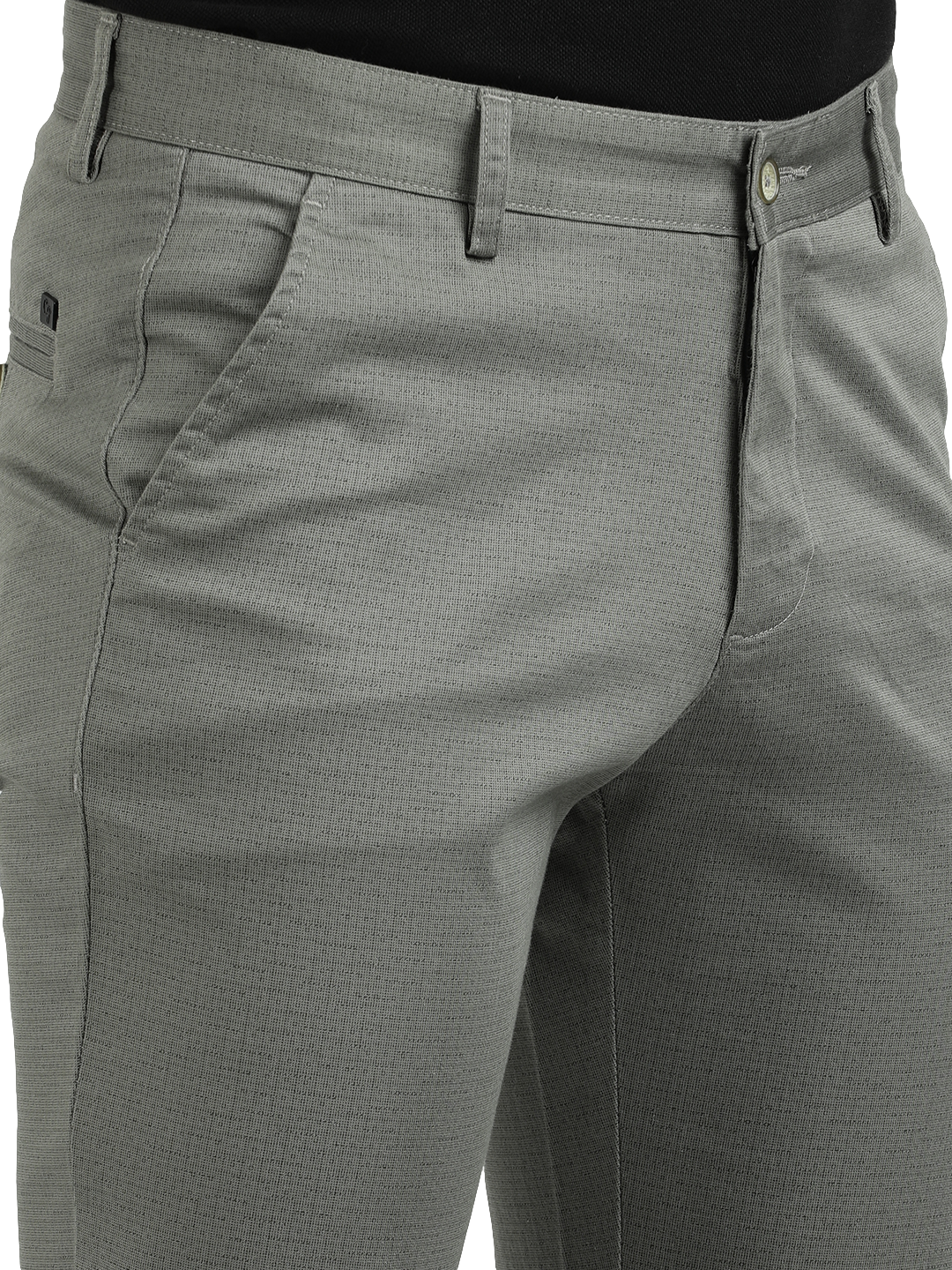 Model wearing Clarke Gable's Light Pista Custom Fit Trousers in a casual setting