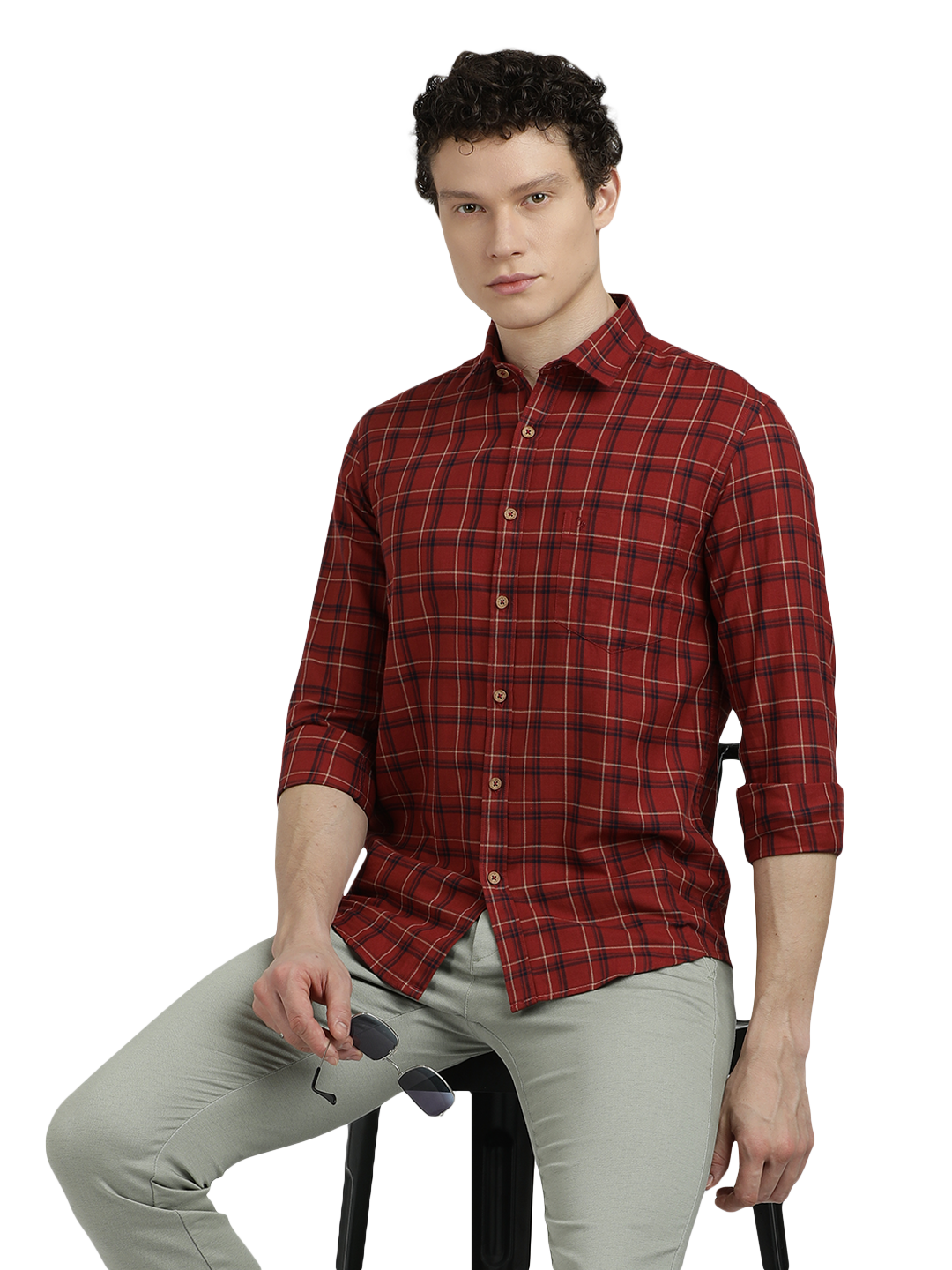 Model wearing Clarke Gable's Maroon Checked Semi Casual Shirt in a casual setting