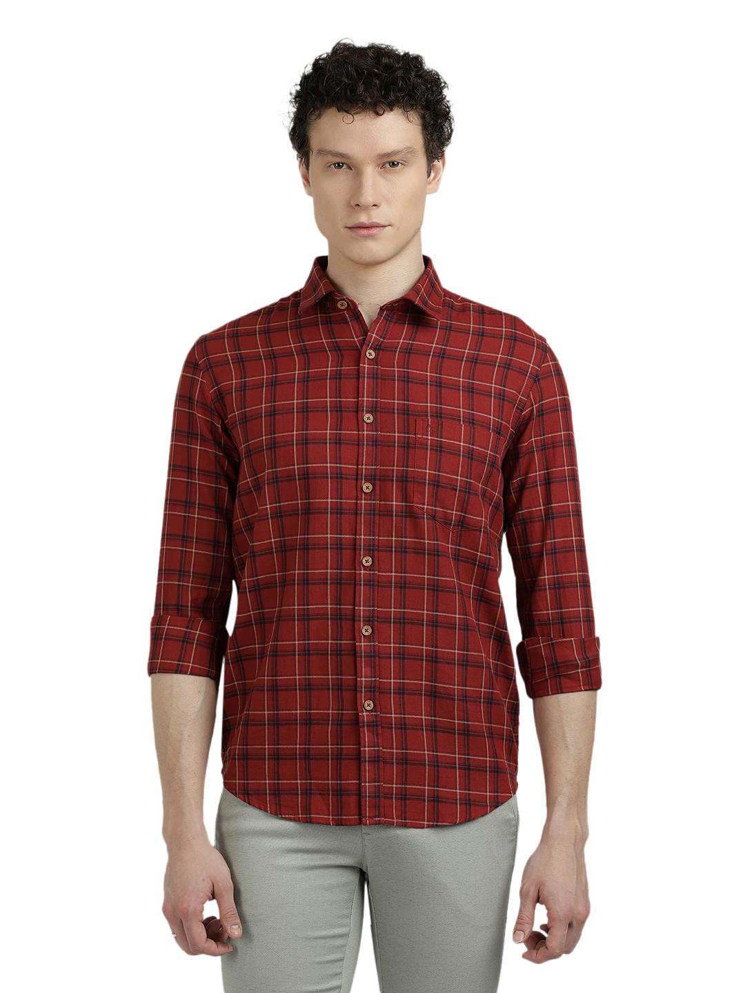 Model wearing Clarke Gable's Maroon Checked Semi Casual Shirt in a casual setting
