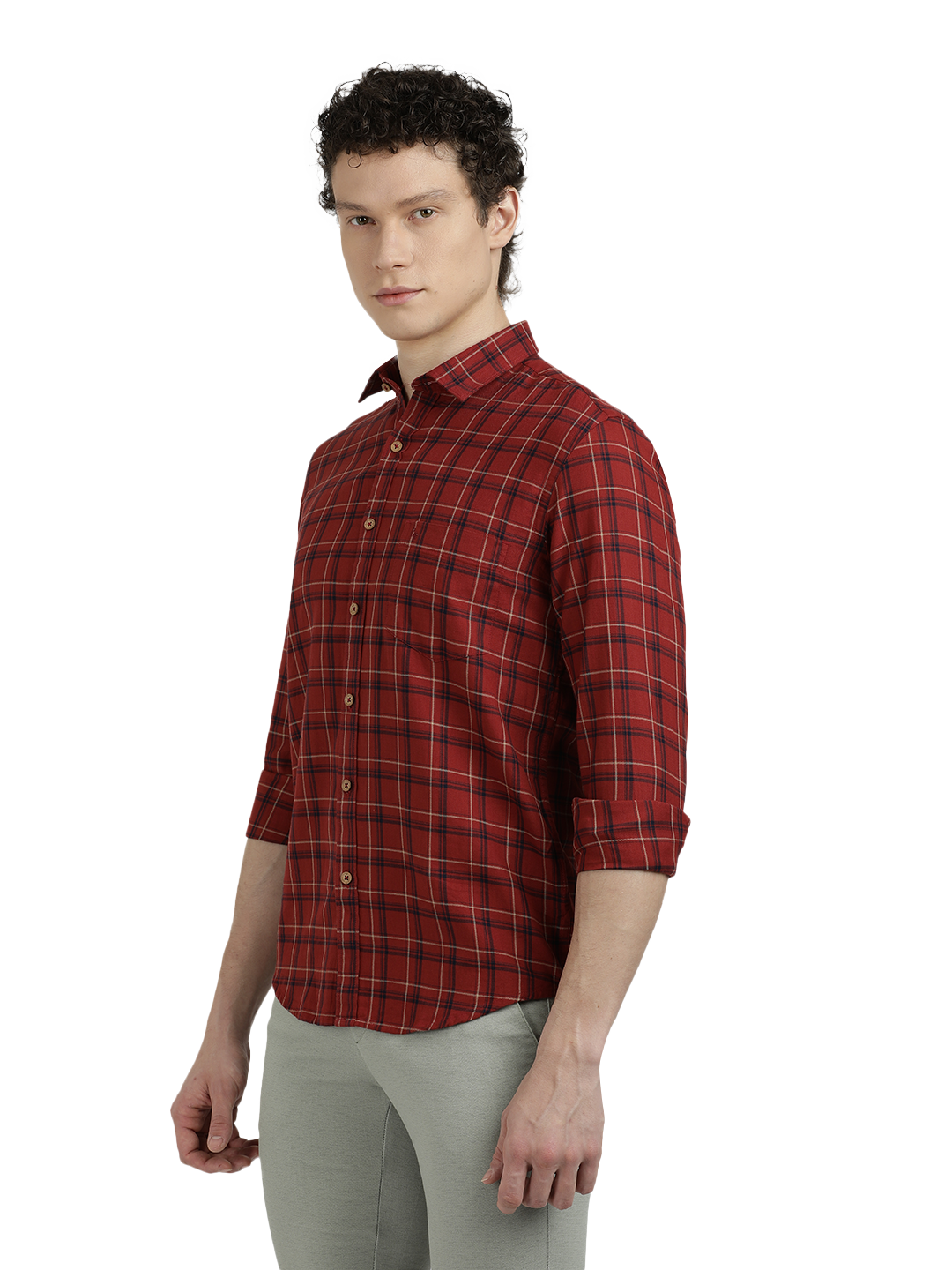 Model wearing Clarke Gable's Maroon Checked Semi Casual Shirt in a casual setting