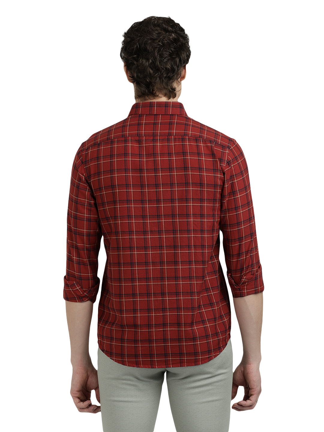Model wearing Clarke Gable's Maroon Checked Semi Casual Shirt in a casual setting