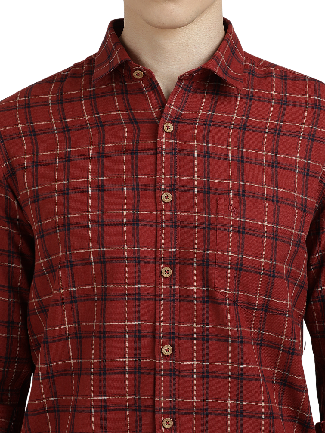 Model wearing Clarke Gable's Maroon Checked Semi Casual Shirt in a casual setting