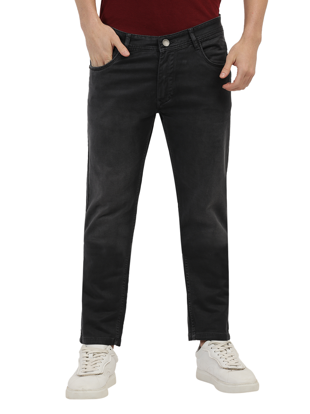 Model wearing Clarke Gable's Marvels Grey Skinny Fit Jeans in a casual setting