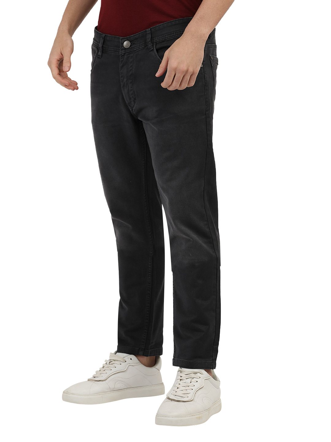 Model wearing Clarke Gable's Marvels Grey Skinny Fit Jeans in a casual setting