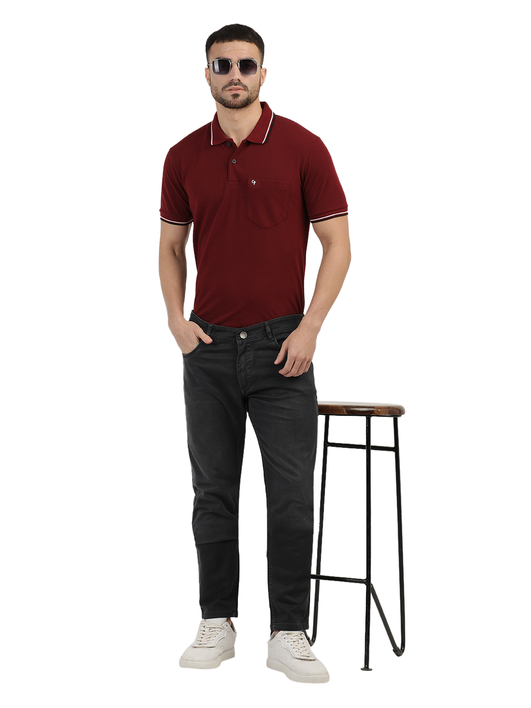 Model wearing Clarke Gable's Marvels Grey Skinny Fit Jeans in a casual setting