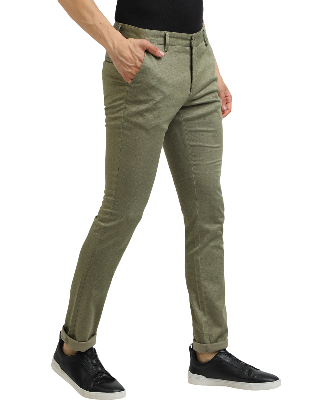 Model wearing Clarke Gable's Mint Trim Fit Trousers in a casual setting