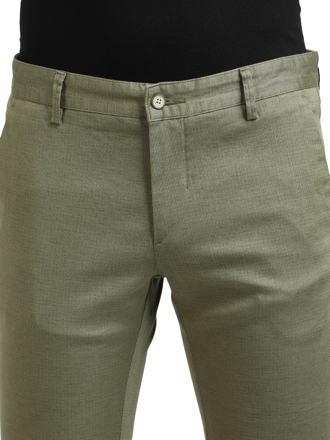 Model wearing Clarke Gable's Mint Trim Fit Trousers in a casual setting