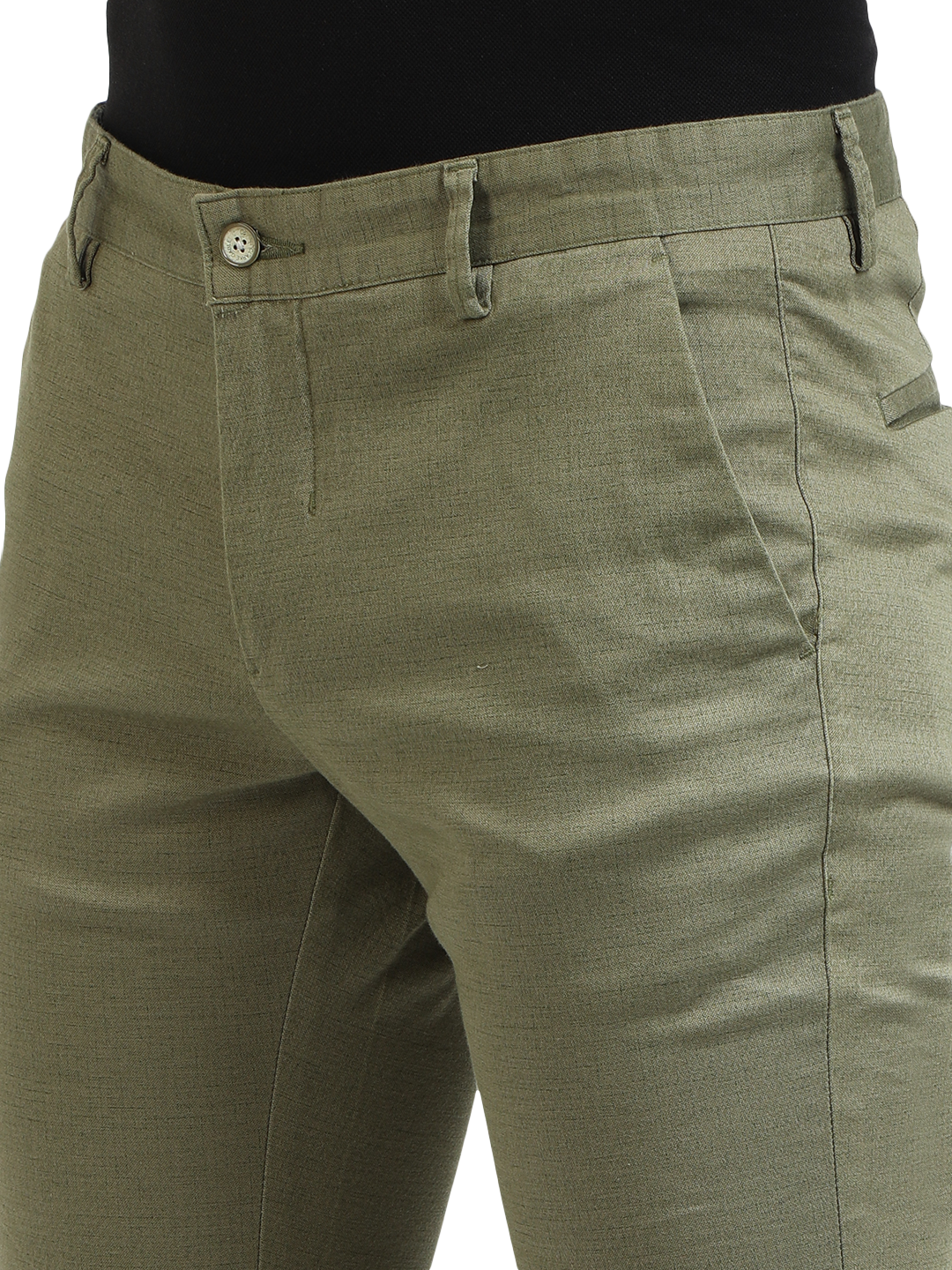 Model wearing Clarke Gable's Mint Trim Fit Trousers in a casual setting