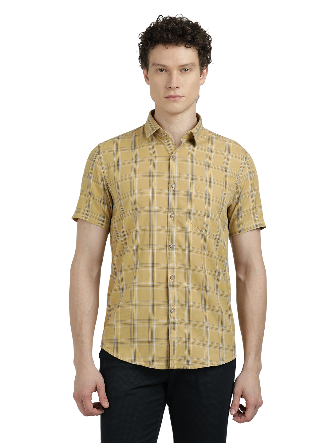 Model wearing Clarke Gable's Mustard Yellow Checked Semi Casual Shirt in a casual setting