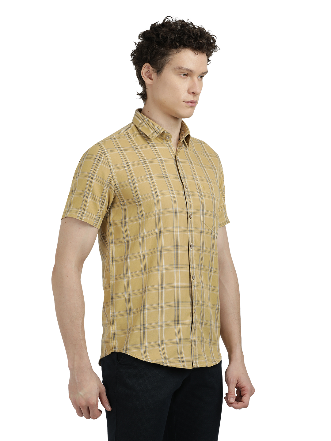 Model wearing Clarke Gable's Mustard Yellow Checked Semi Casual Shirt in a casual setting