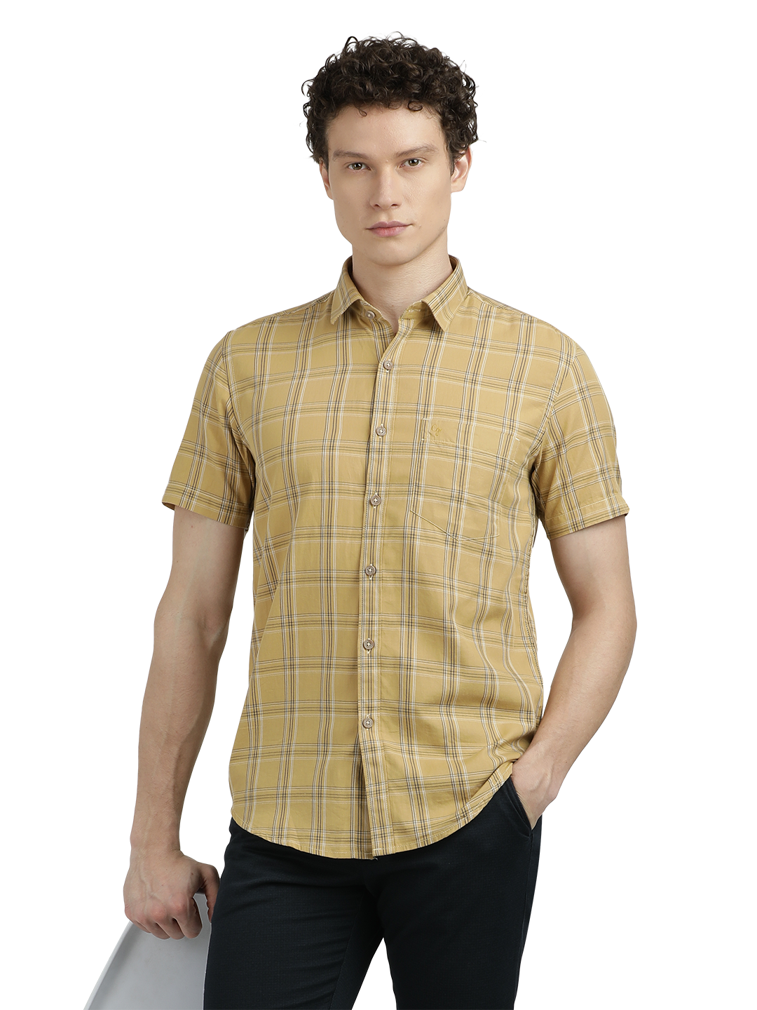 Model wearing Clarke Gable's Mustard Yellow Checked Semi Casual Shirt in a casual setting