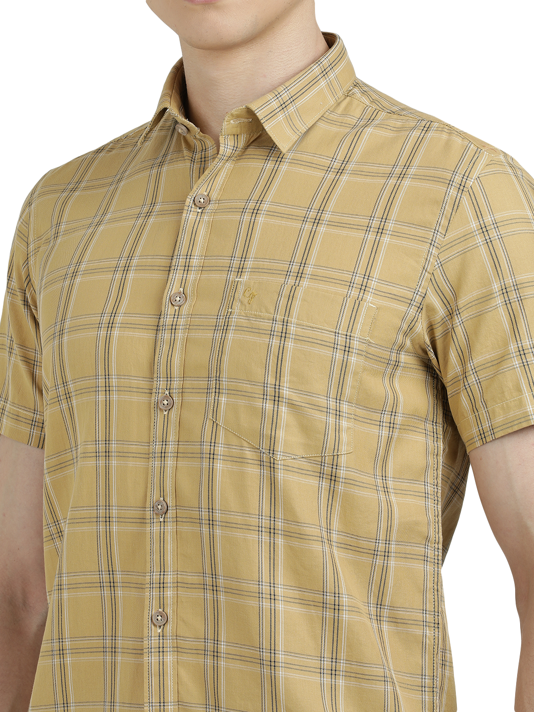 Model wearing Clarke Gable's Mustard Yellow Checked Semi Casual Shirt in a casual setting