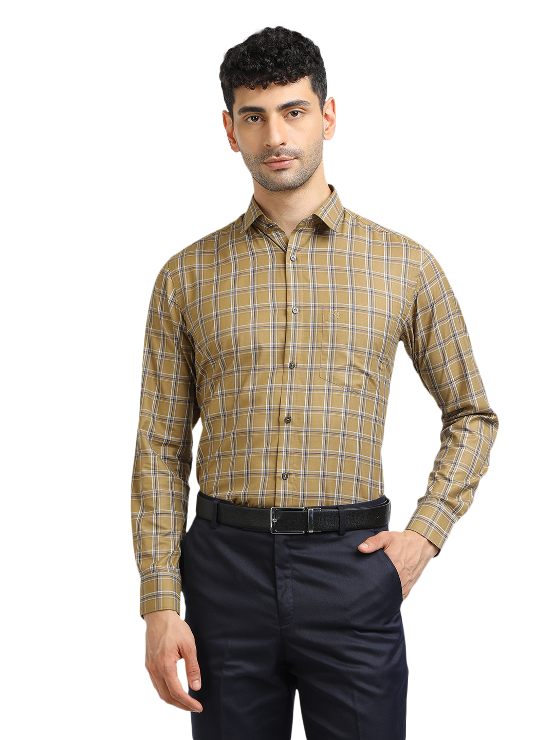Model wearing Clarke Gable's Mustard Yellow With Blue Checked Formal Shirt in a casual setting