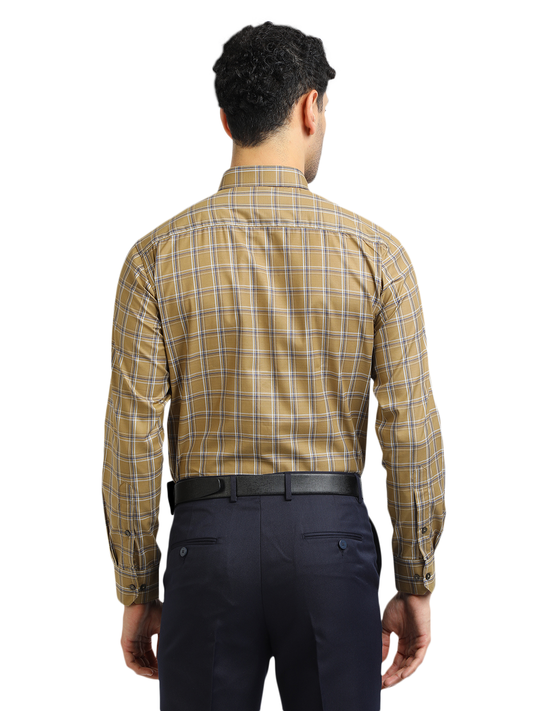 Model wearing Clarke Gable's Mustard Yellow With Blue Checked Formal Shirt in a casual setting