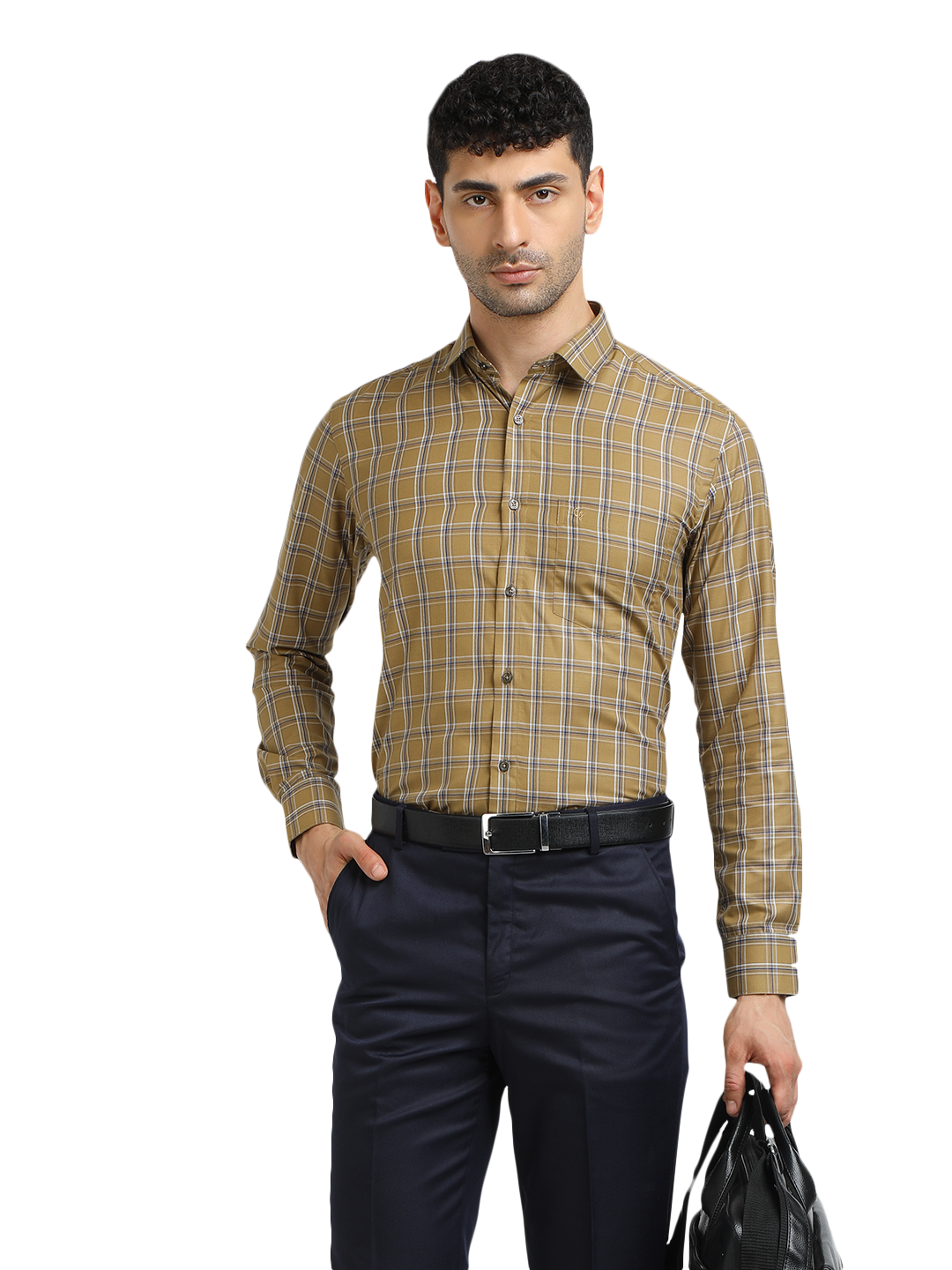 Model wearing Clarke Gable's Mustard Yellow With Blue Checked Formal Shirt in a casual setting