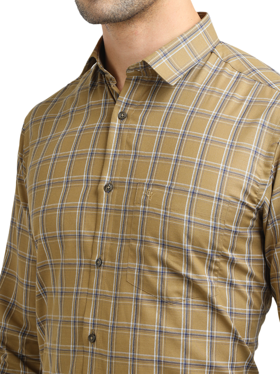 Model wearing Clarke Gable's Mustard Yellow With Blue Checked Formal Shirt in a casual setting