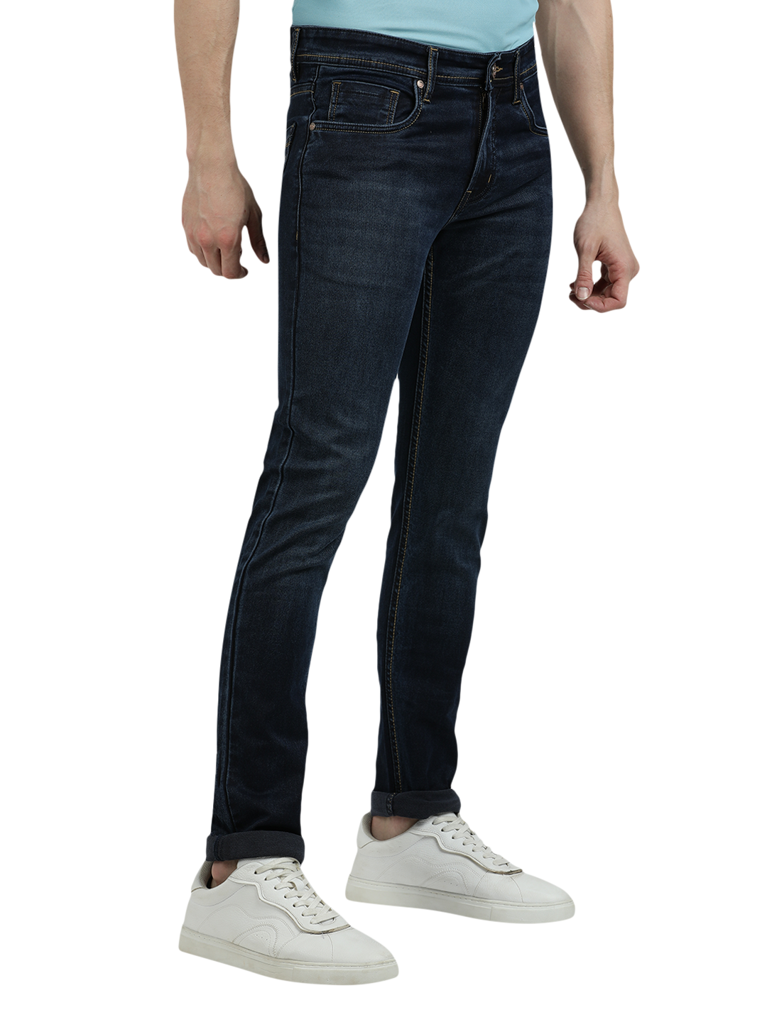 Model wearing Clarke Gable's Navy Blue Faded Skinny Fit Jeans in a casual setting
