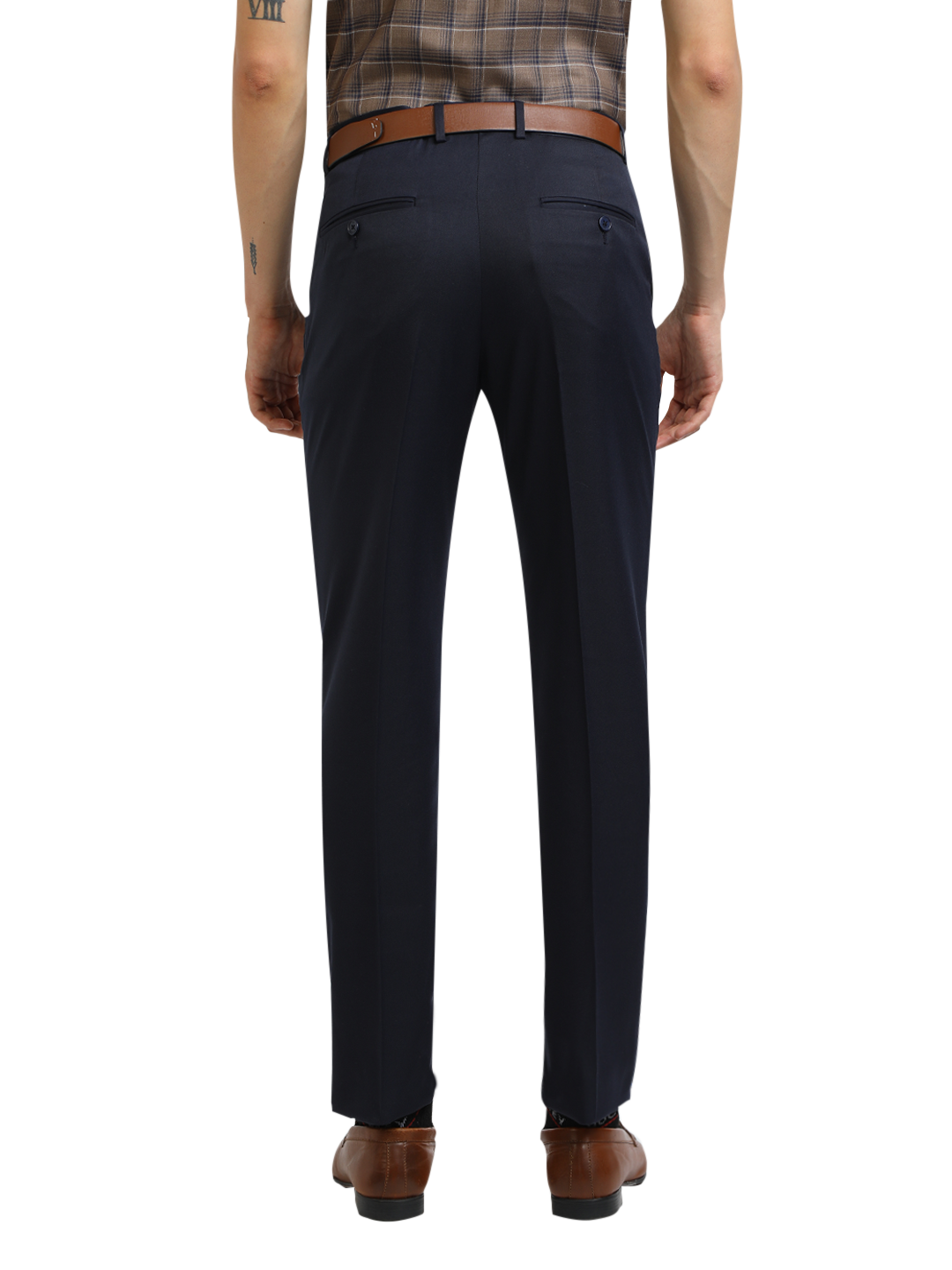 Model wearing Clarke Gable's Navy Blue Casual Fit Trousers in a casual setting