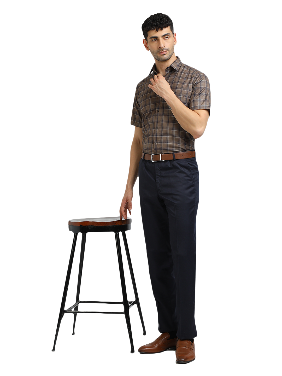 Model wearing Clarke Gable's Navy Blue Casual Fit Trousers in a casual setting