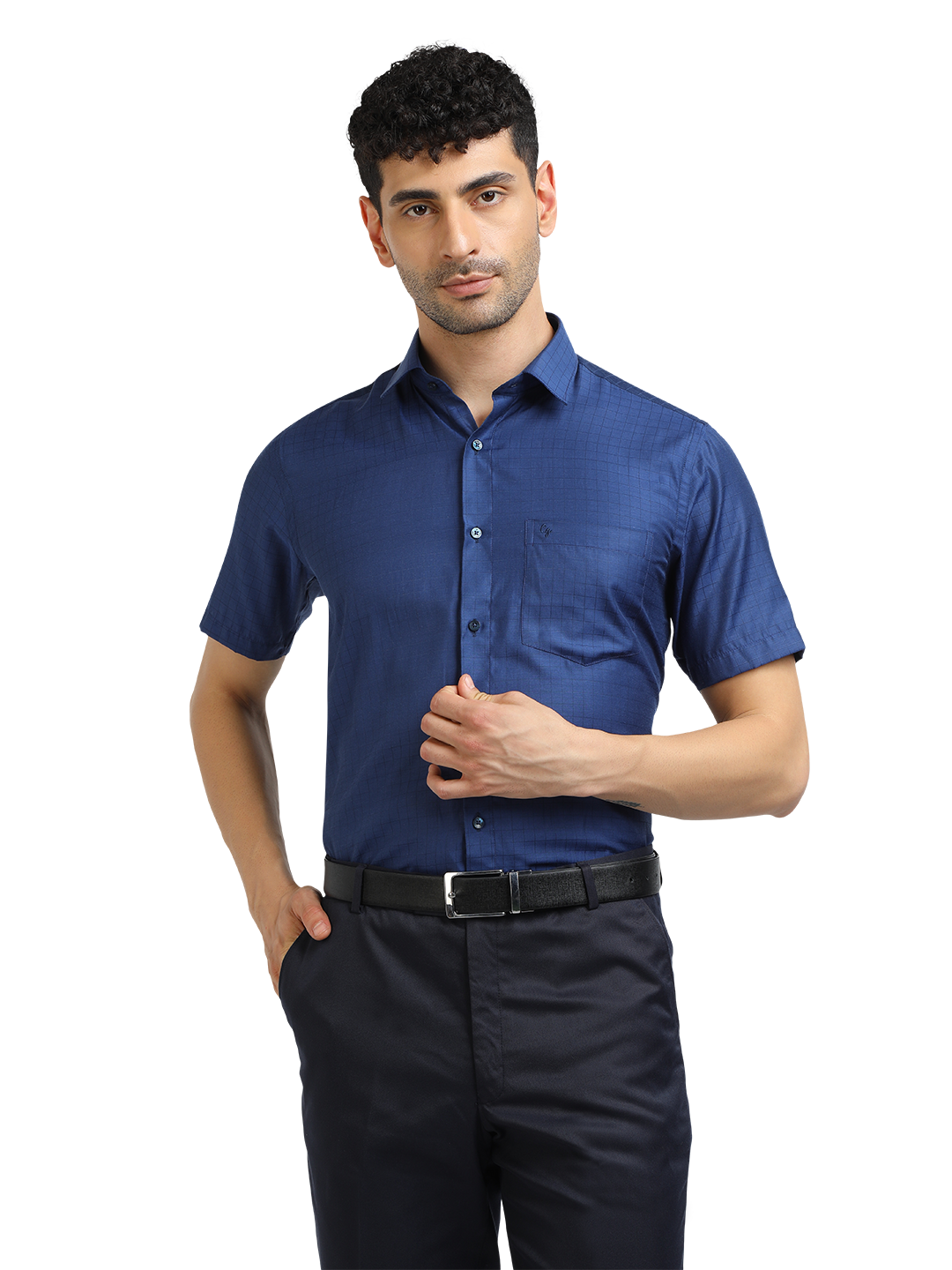 Model wearing Clarke Gable's Navy Blue Checked Formal Shirt in a casual setting