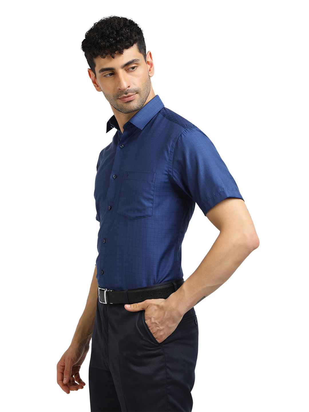 Model wearing Clarke Gable's Navy Blue Checked Formal Shirt in a casual setting