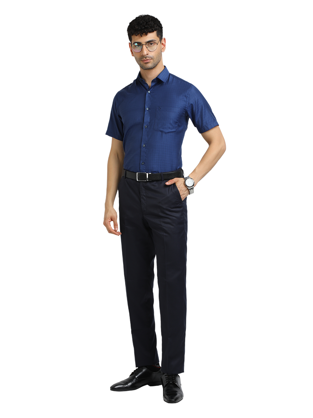 Model wearing Clarke Gable's Navy Blue Checked Formal Shirt in a casual setting