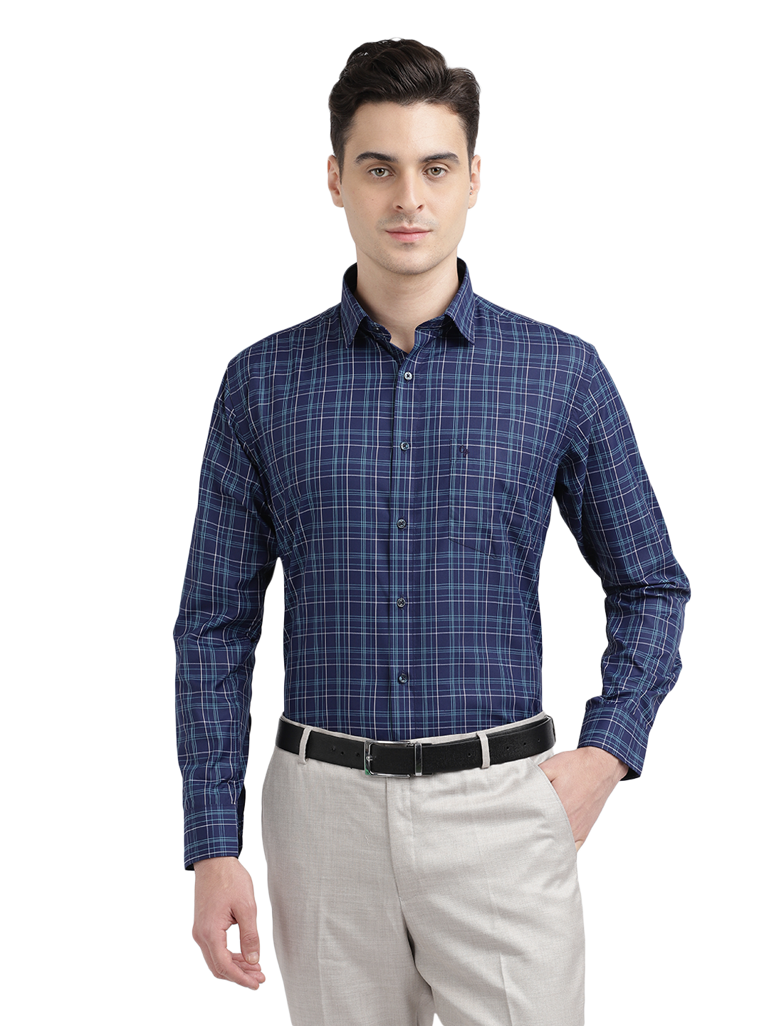 Model wearing Clarke Gable's Navy Blue With Light Blue Checked Formal Shirt in a casual setting