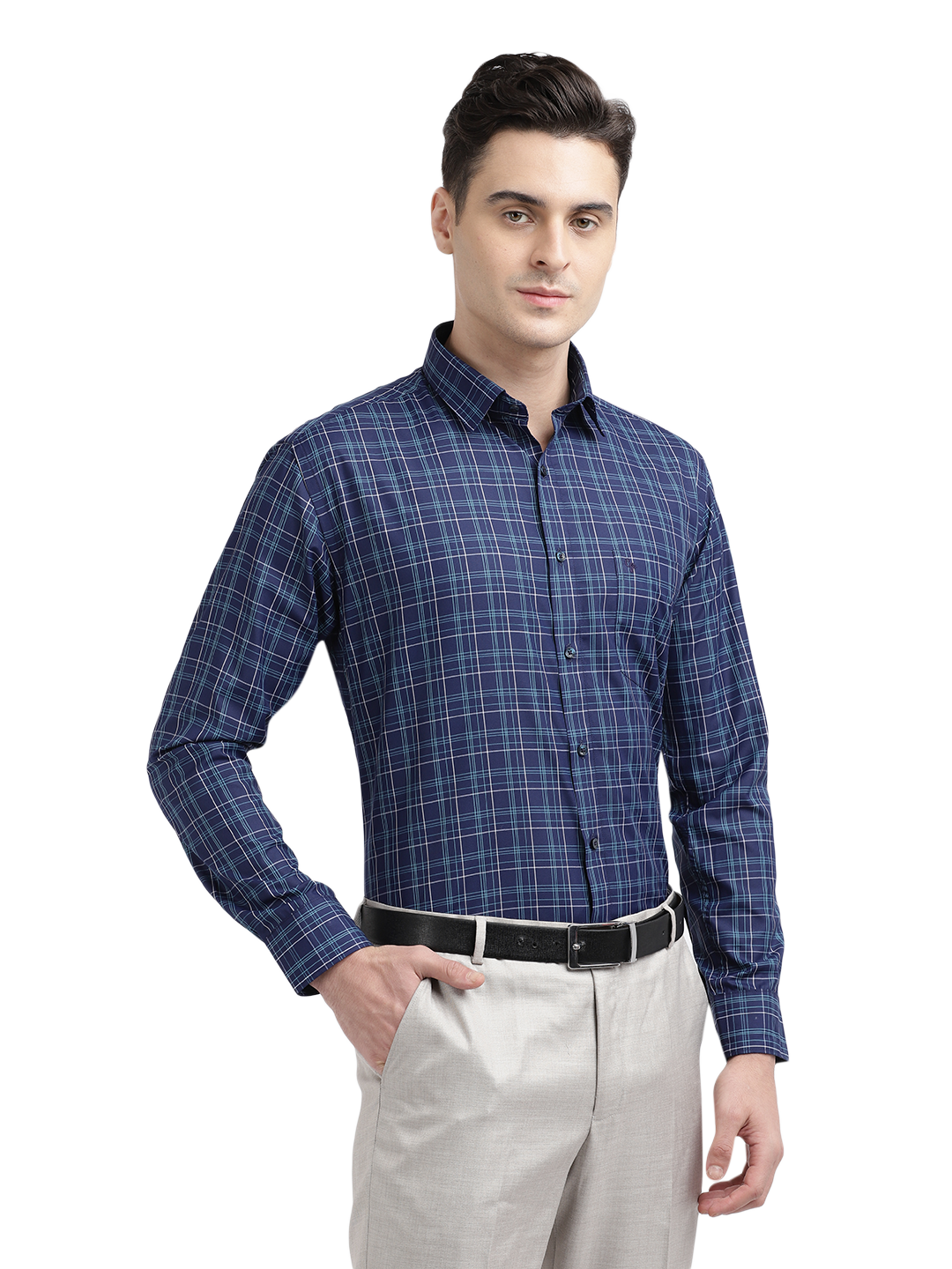 Model wearing Clarke Gable's Navy Blue With Light Blue Checked Formal Shirt in a casual setting