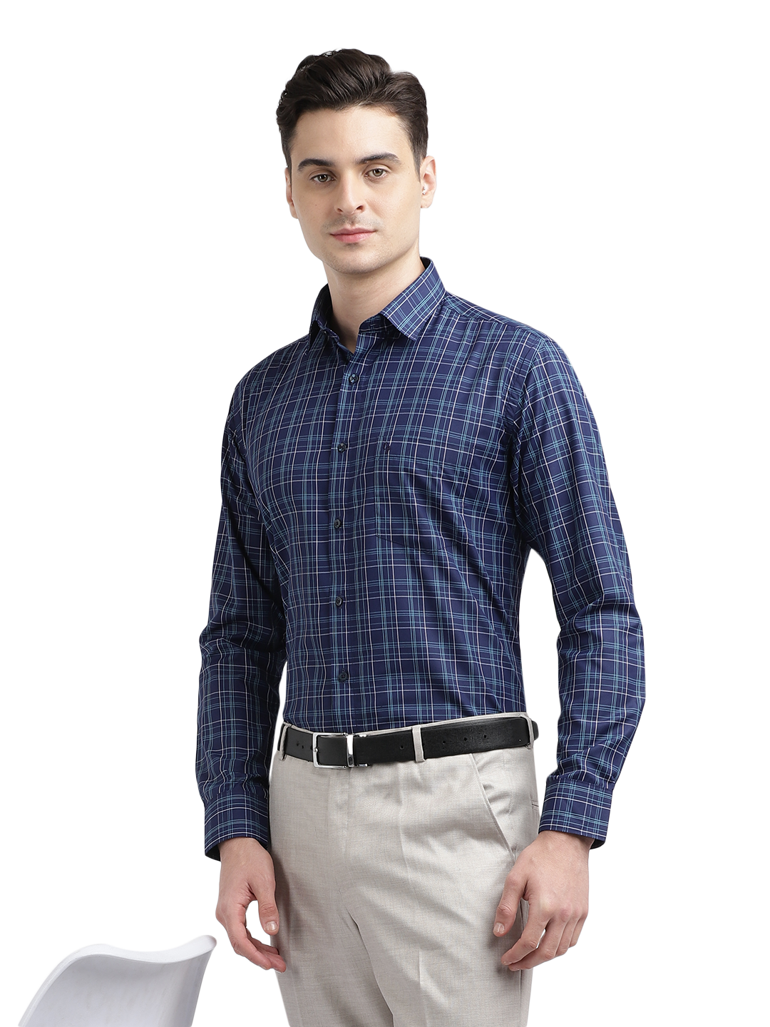 Model wearing Clarke Gable's Navy Blue With Light Blue Checked Formal Shirt in a casual setting