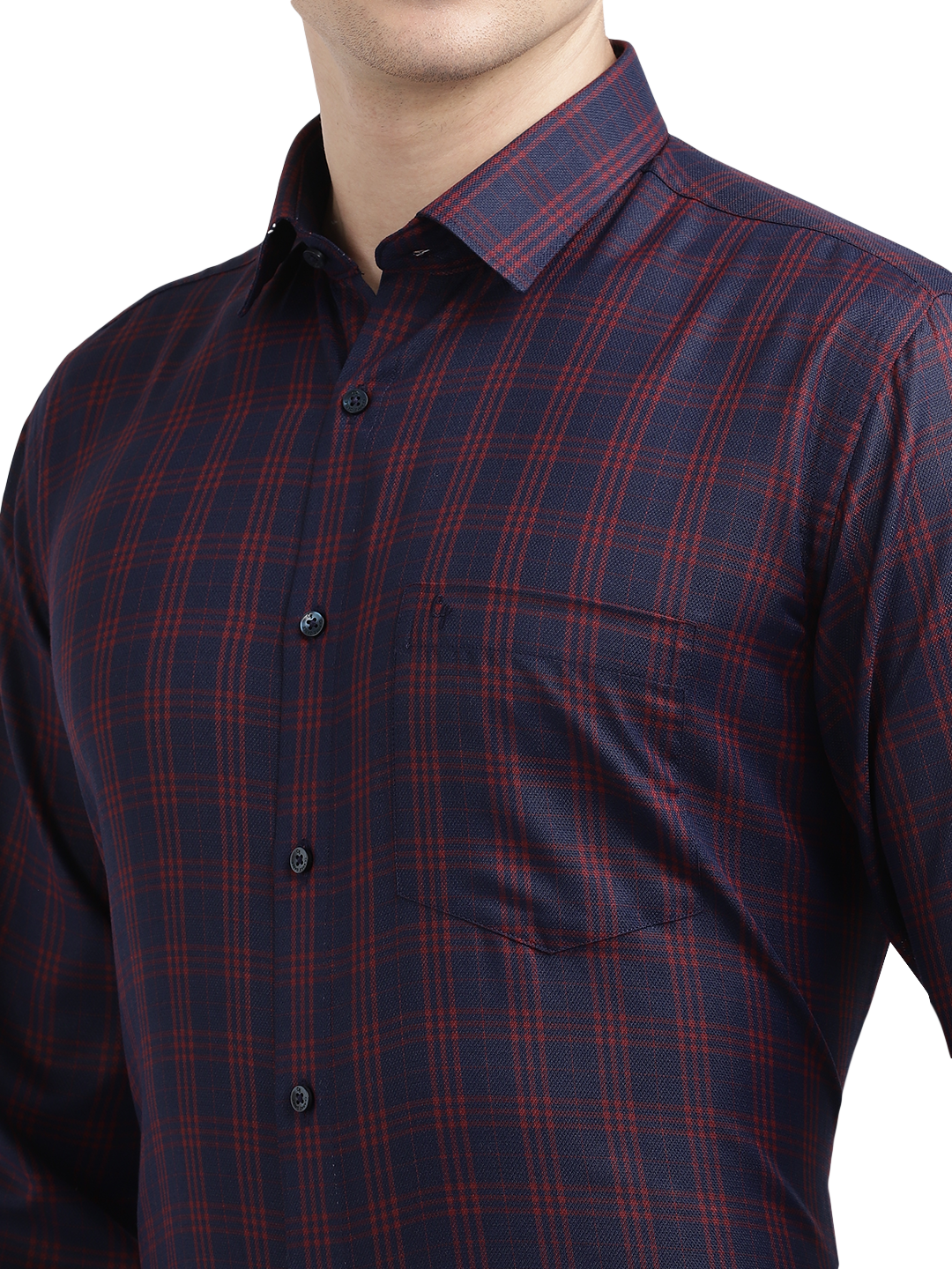 Model wearing Clarke Gable's Navy Blue With Red Checked Formal Shirt in a casual setting
