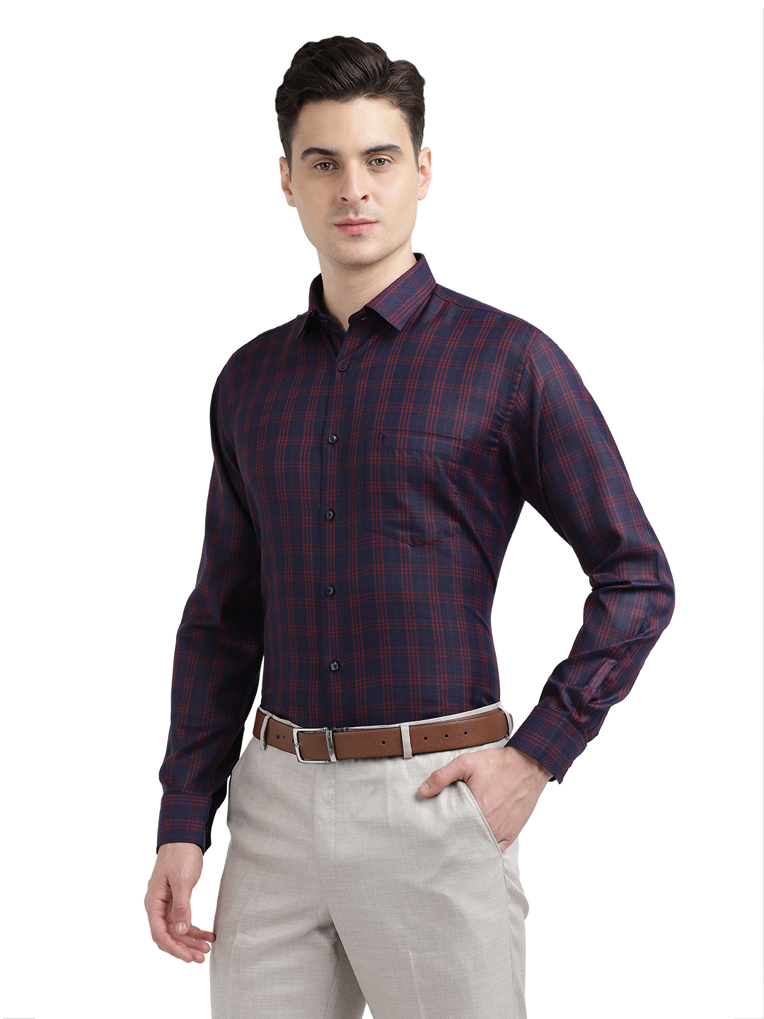Model wearing Clarke Gable's Navy Blue With Red Checked Formal Shirt in a casual setting