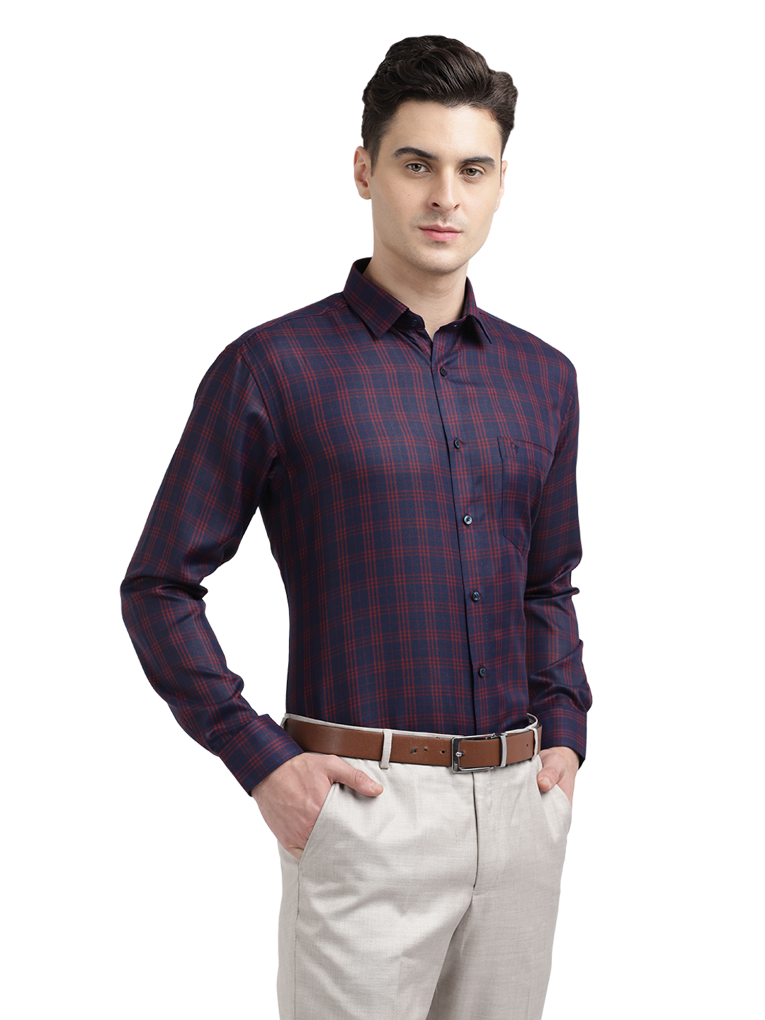 Model wearing Clarke Gable's Navy Blue With Red Checked Formal Shirt in a casual setting