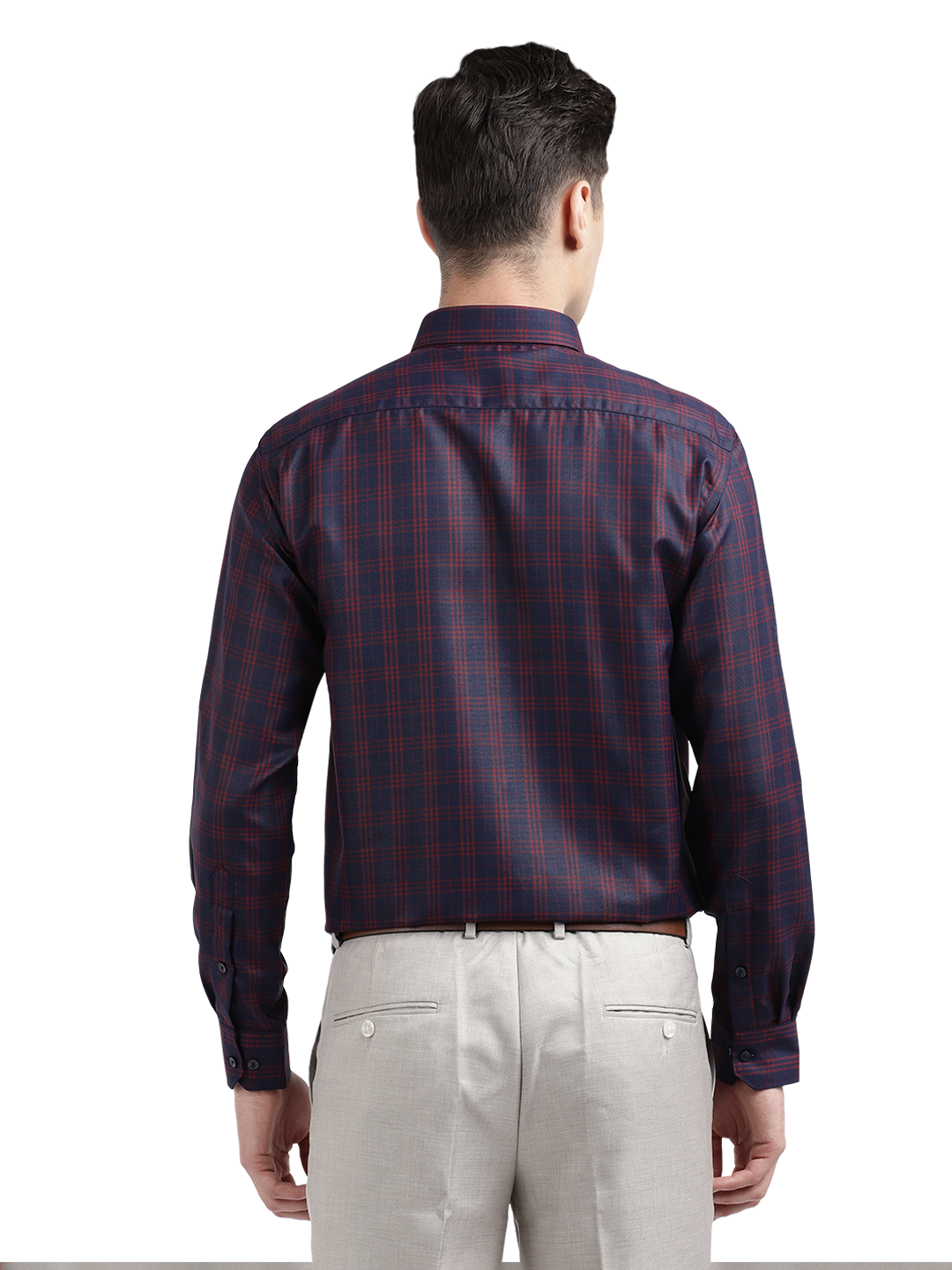 Model wearing Clarke Gable's Navy Blue With Red Checked Formal Shirt in a casual setting
