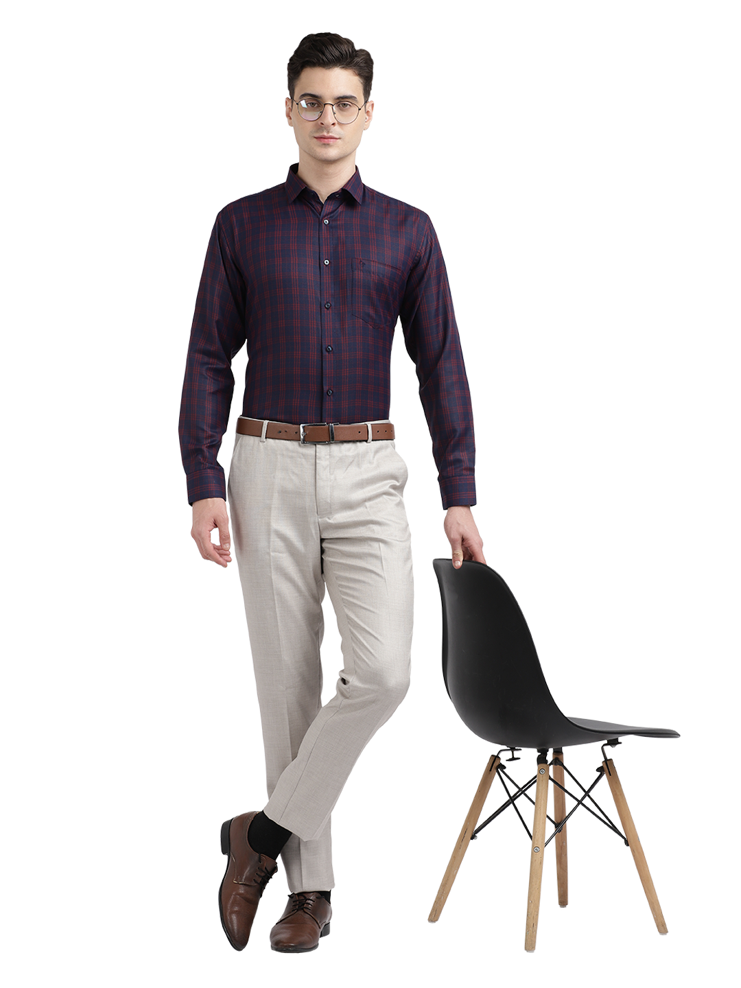 Model wearing Clarke Gable's Navy Blue With Red Checked Formal Shirt in a casual setting