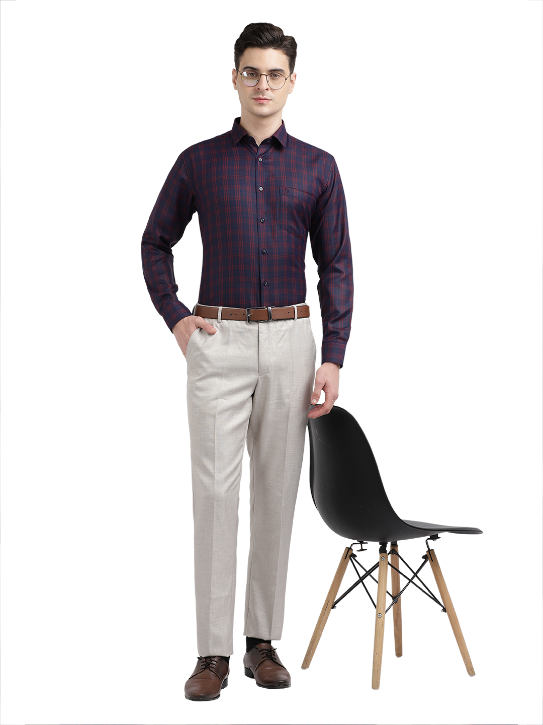 Model wearing Clarke Gable's Navy Blue With Red Checked Formal Shirt in a casual setting